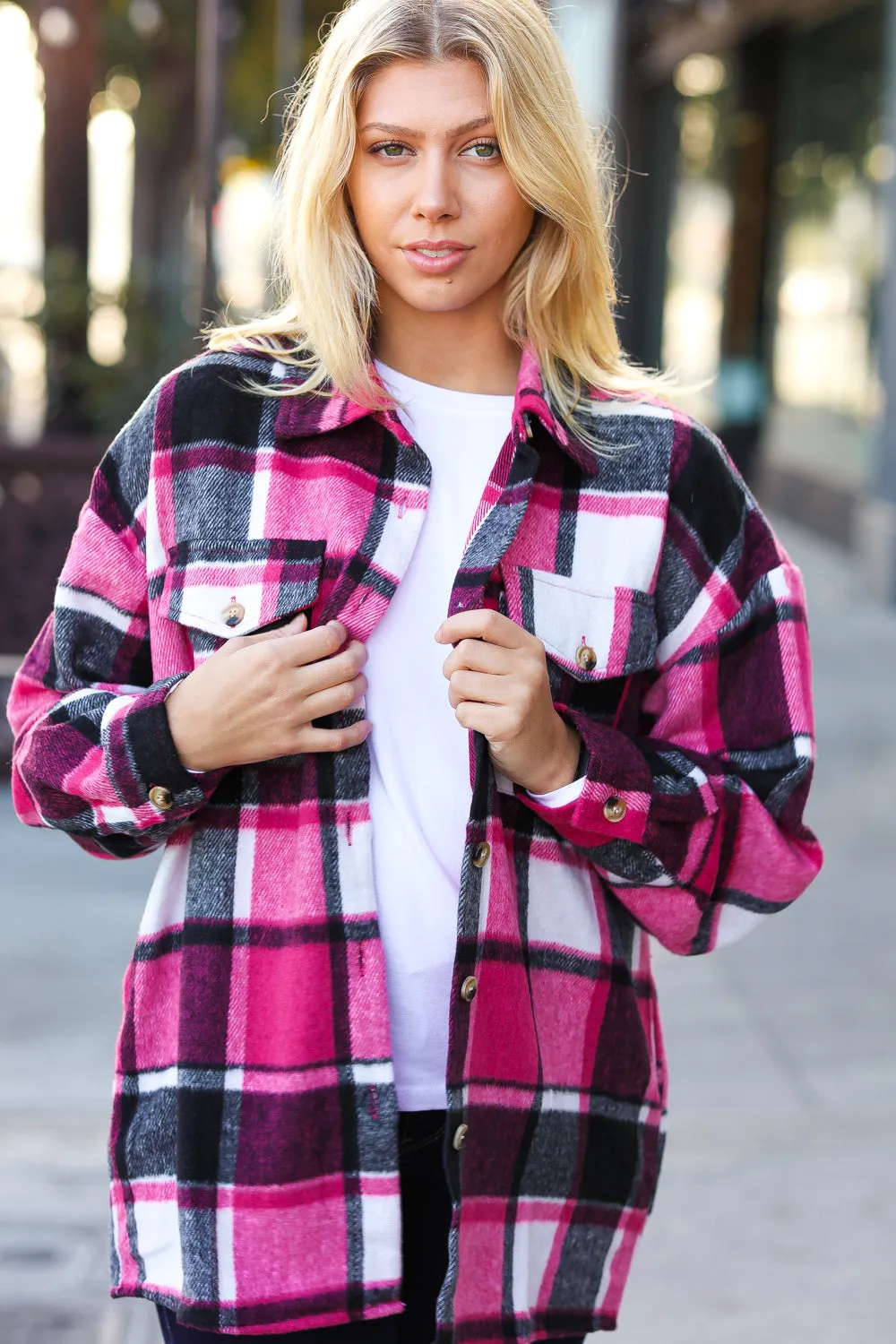 Sassy Fuchsia Plaid Flannel Button Down Shacket