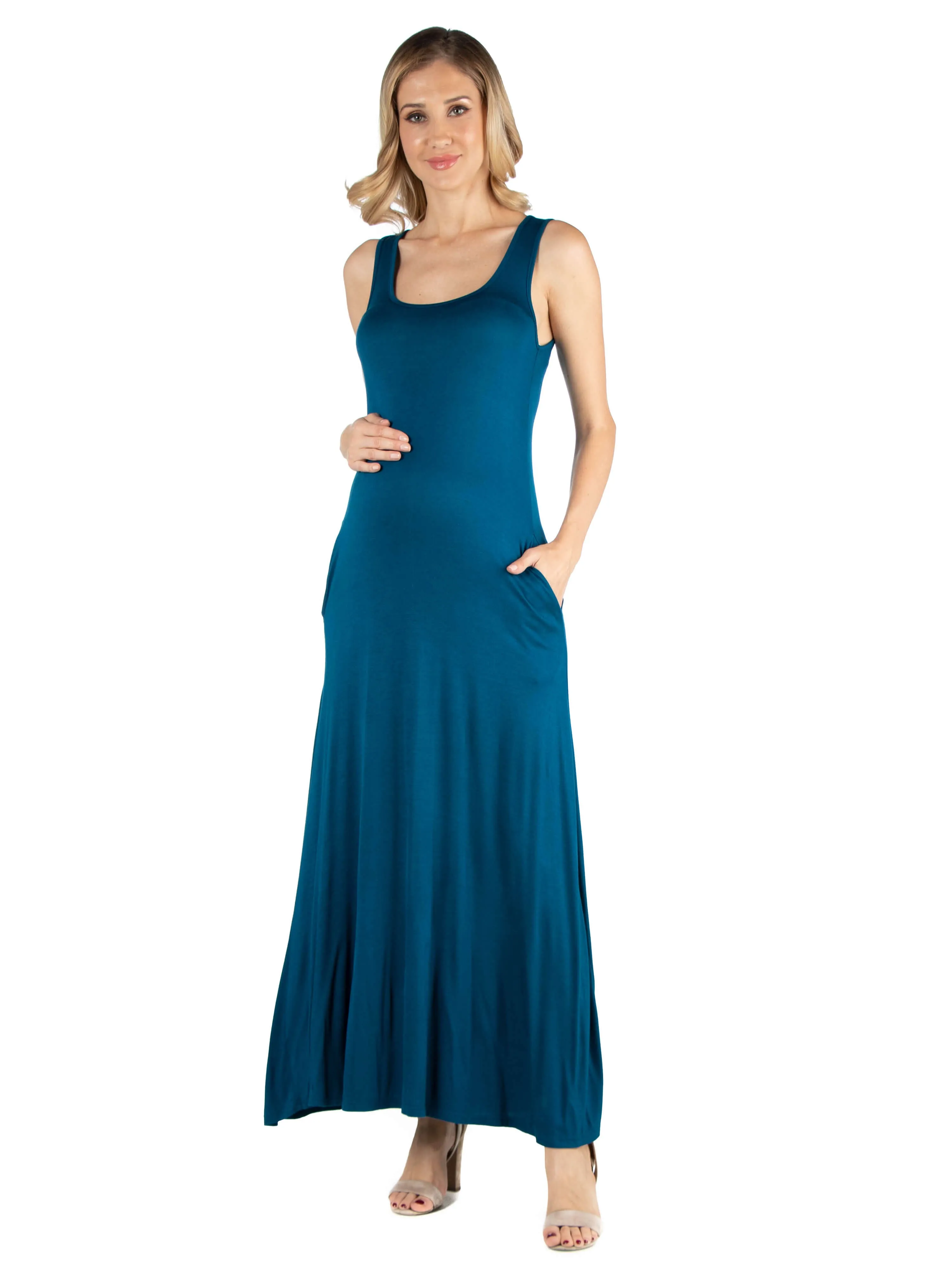 Scoop Neck Sleeveless Maternity Maxi Dress with Pockets