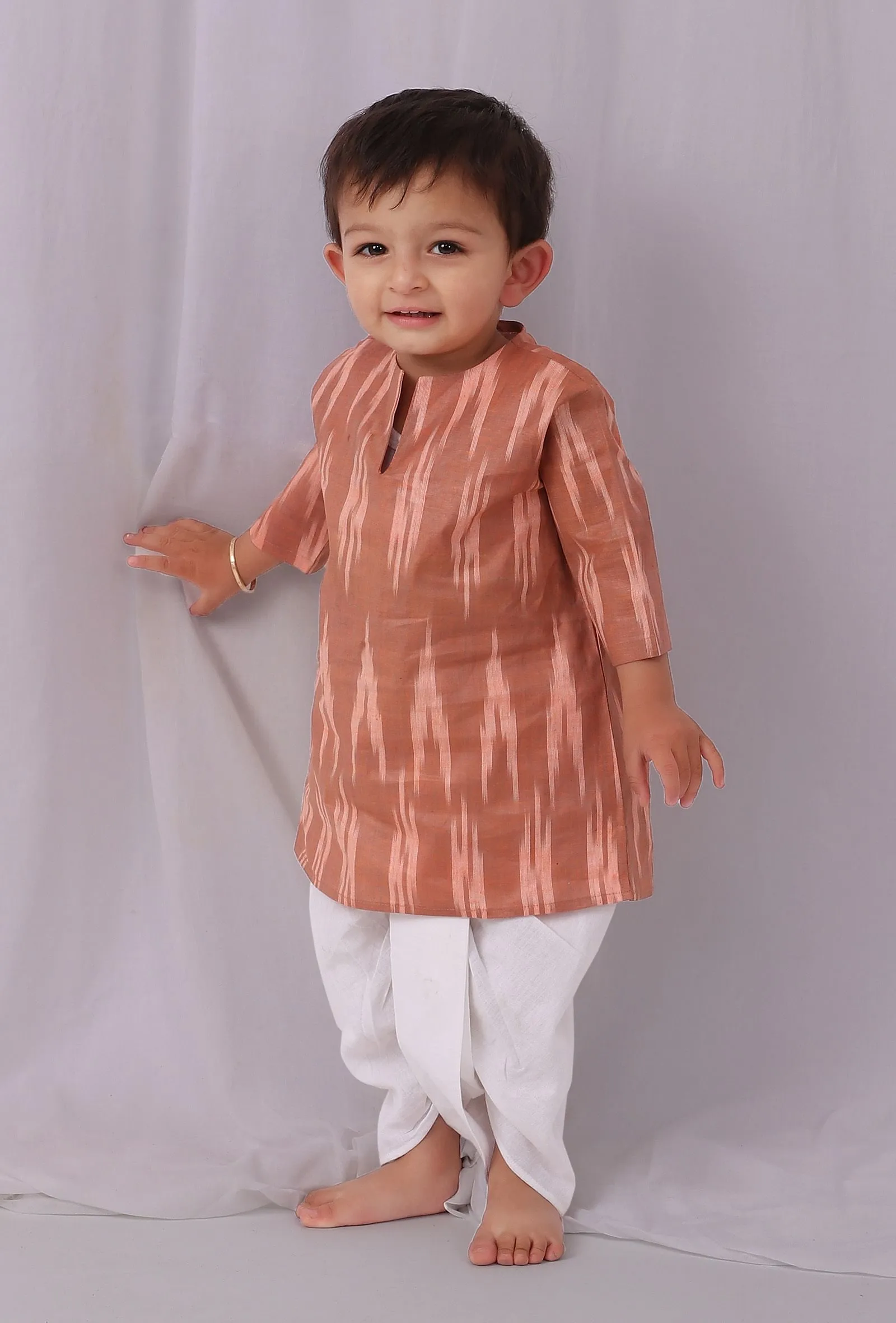 Set of 2: Chocolate Brown Ikat Kurta with white Dhoti pants