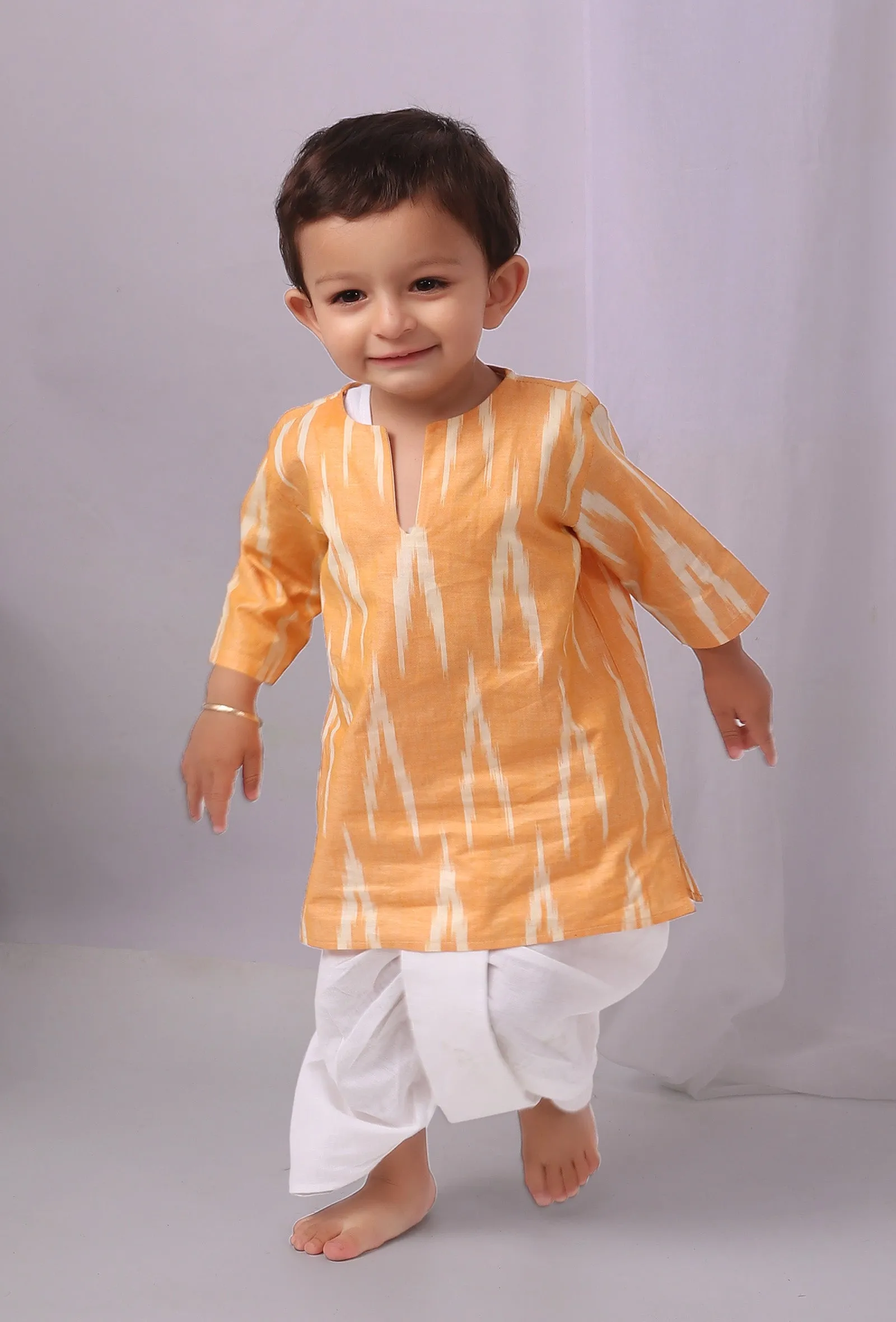 Set of 2: Mustard Yellow Ikat Kurta with White Dhoti Pants