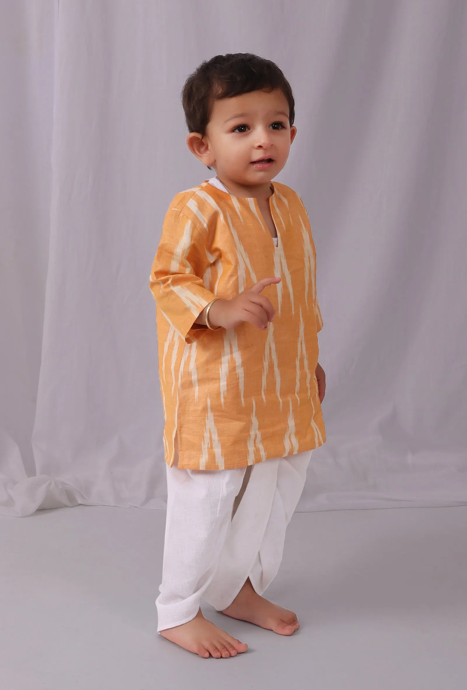 Set of 2: Mustard Yellow Ikat Kurta with White Dhoti Pants