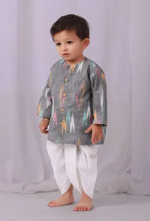 Set of 2:Grey Ikat Kurta With white Dhoti pants