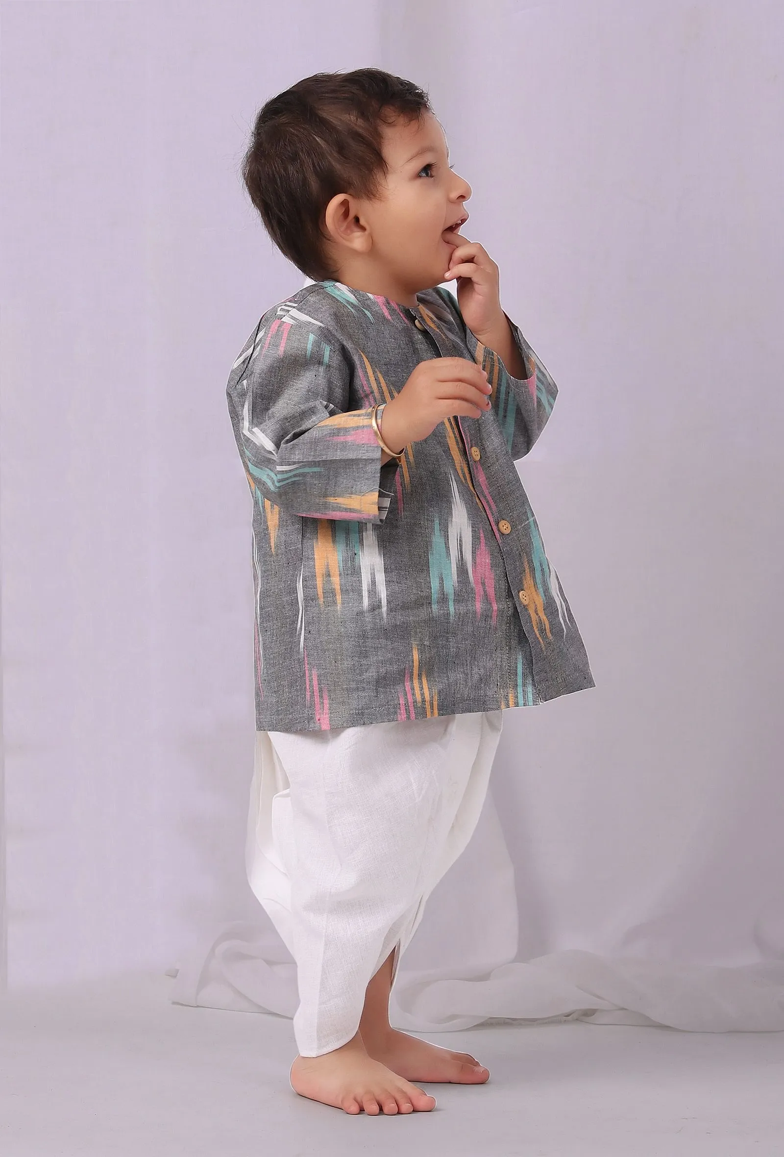 Set of 2:Grey Ikat Kurta With white Dhoti pants