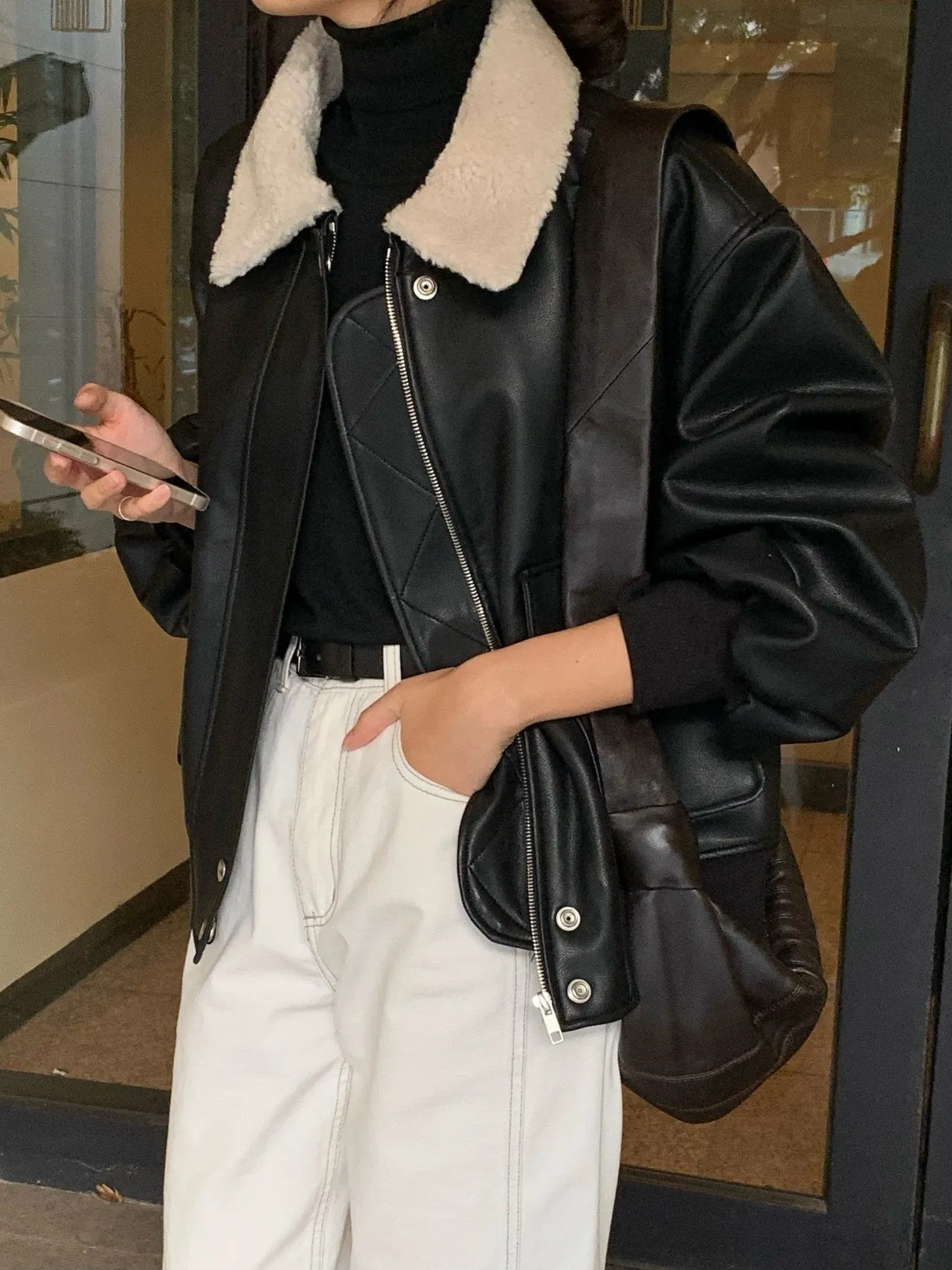 SHEARLING COLLAR VEGAN LEATHER JACKET