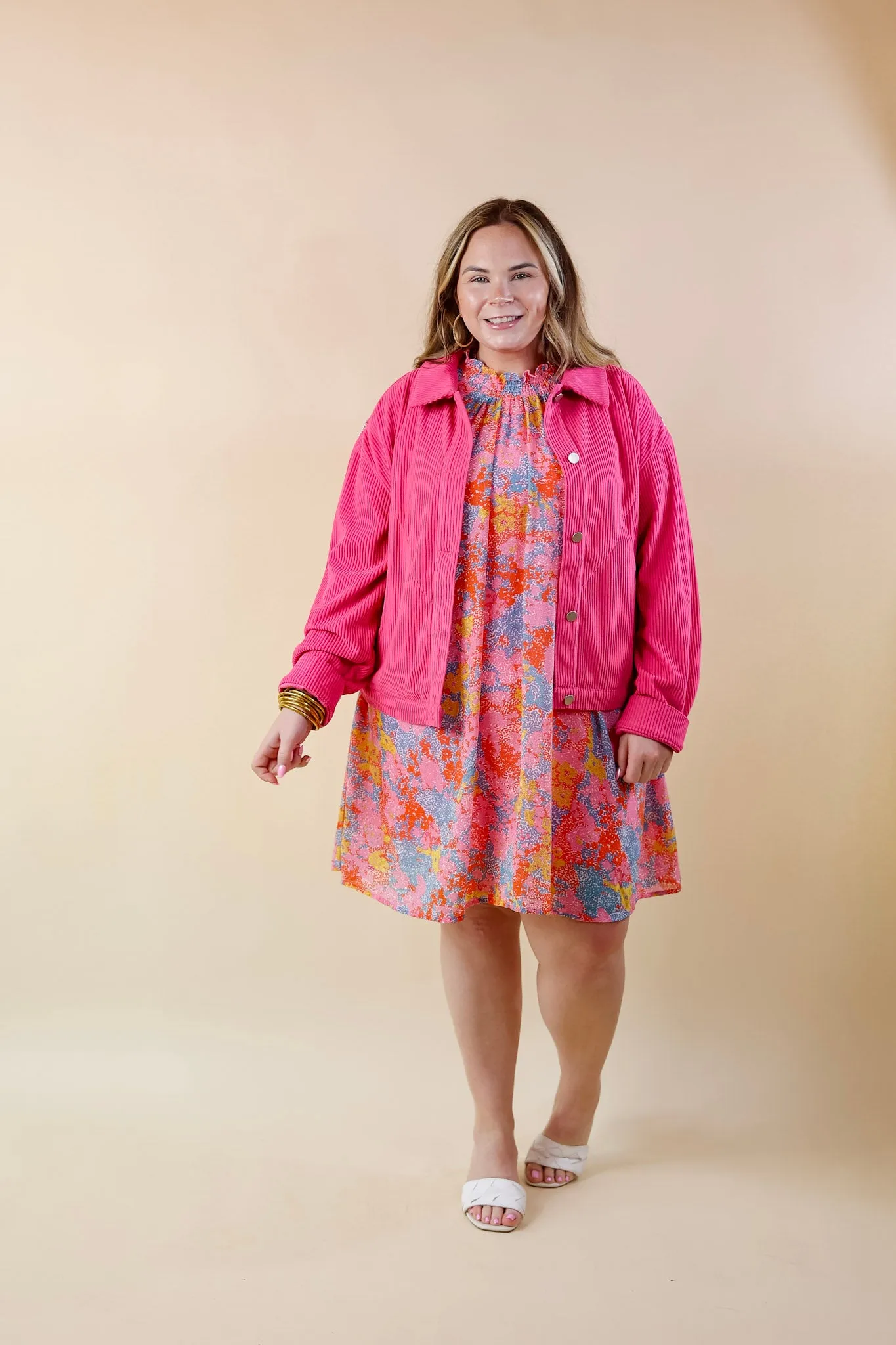 Signature Moves Button Up Corduroy Jacket with Crystal Fringe Back in Hot Pink