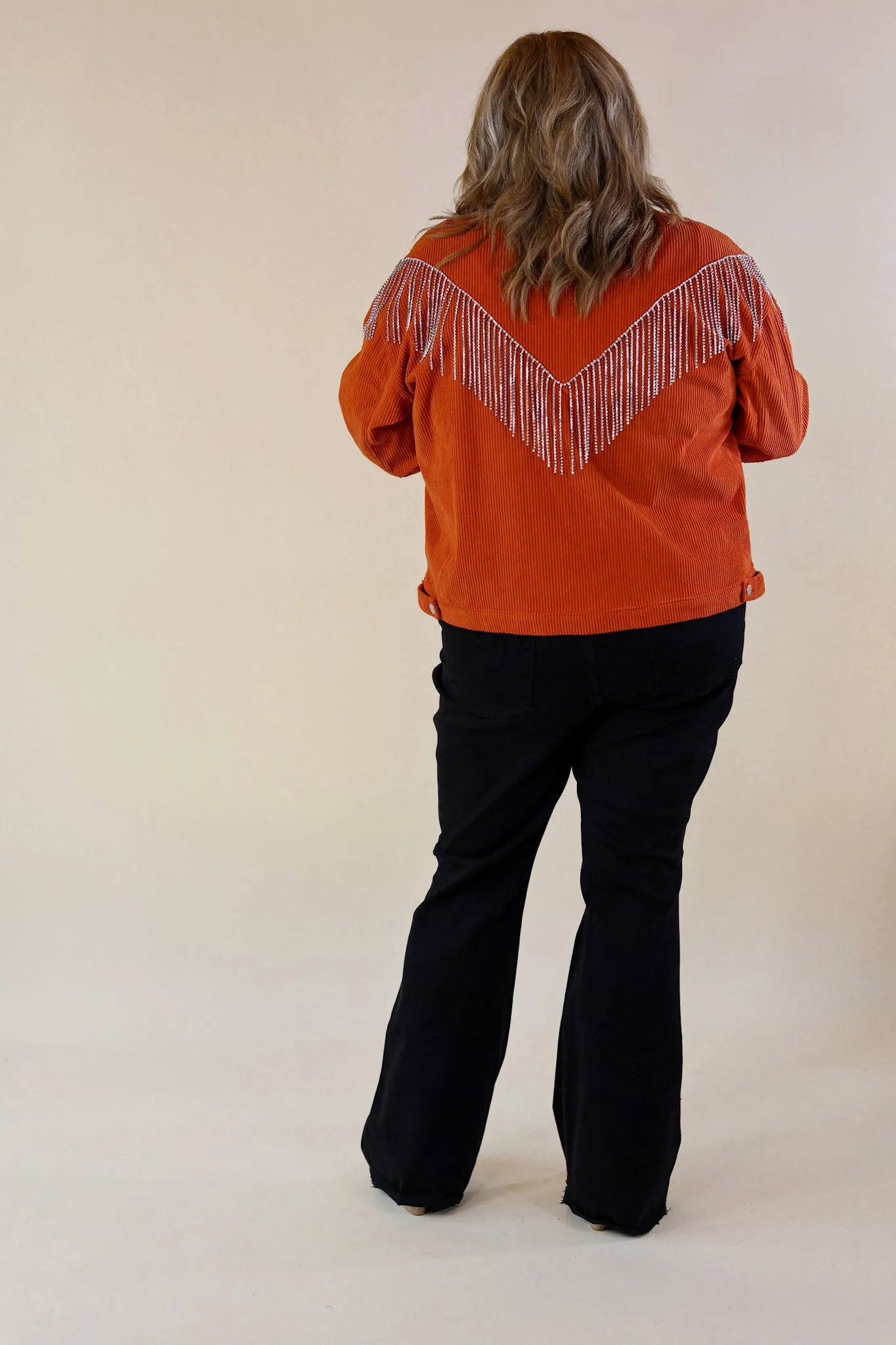 Signature Moves Button Up Corduroy Jacket with Crystal Fringe Back in Rust Orange