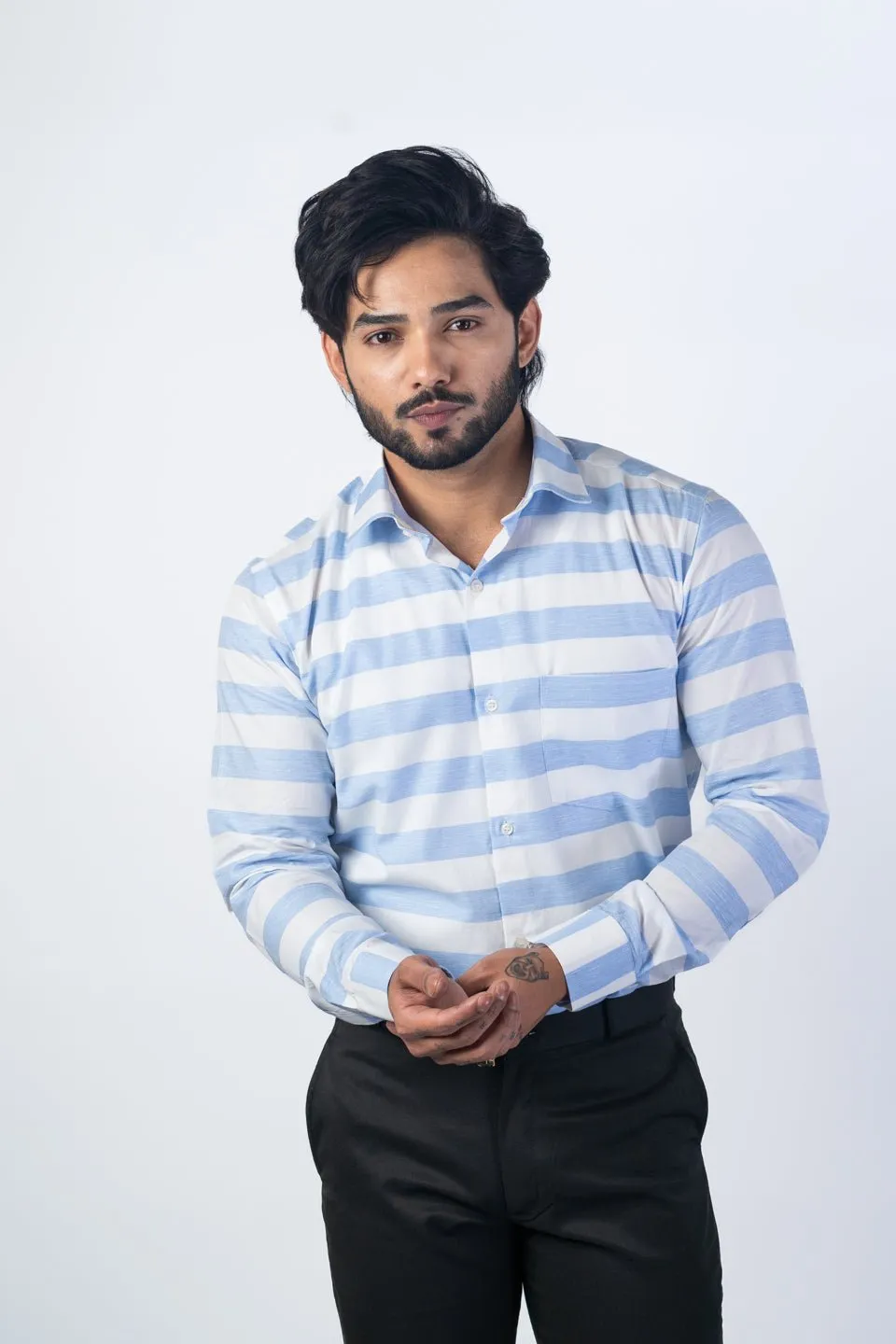 Sky Blue Color Cotton Stripe Shirt For Men