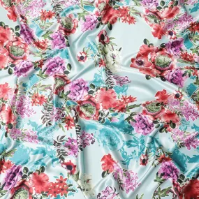 Sky blue pure silk satin fabric with multicolor print in floral design-D11037