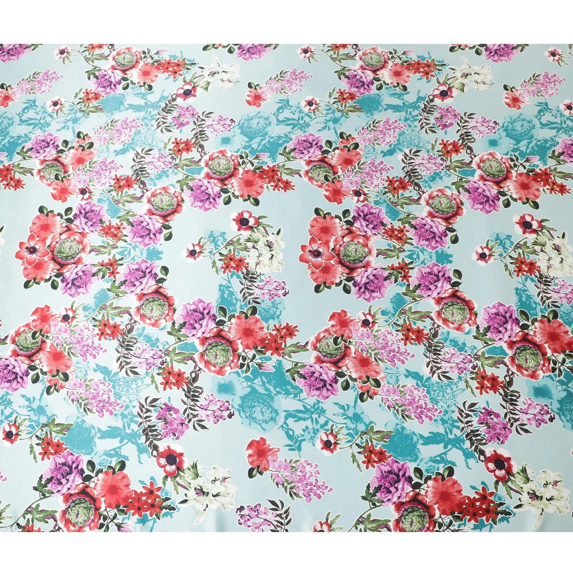 Sky blue pure silk satin fabric with multicolor print in floral design-D11037