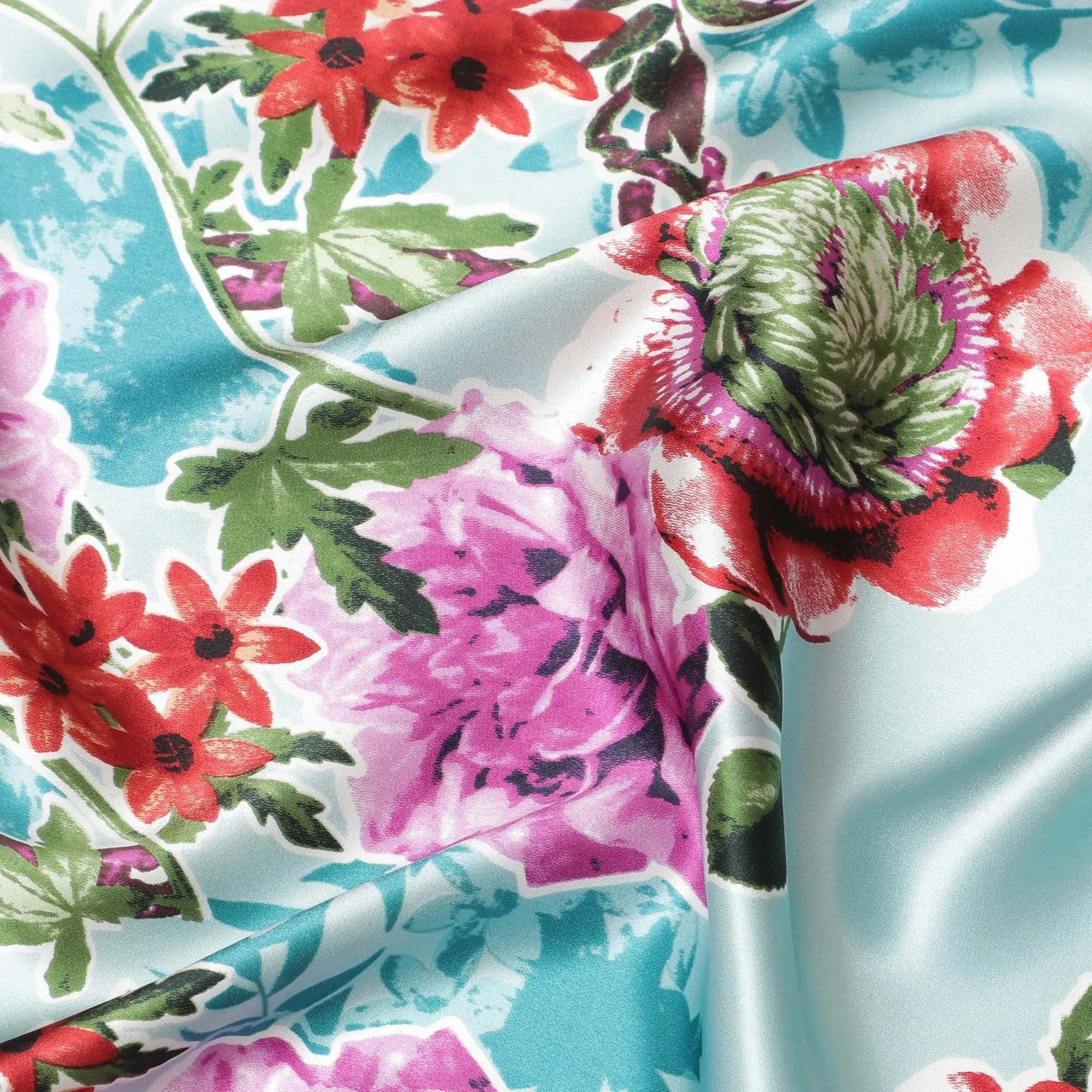 Sky blue pure silk satin fabric with multicolor print in floral design-D11037