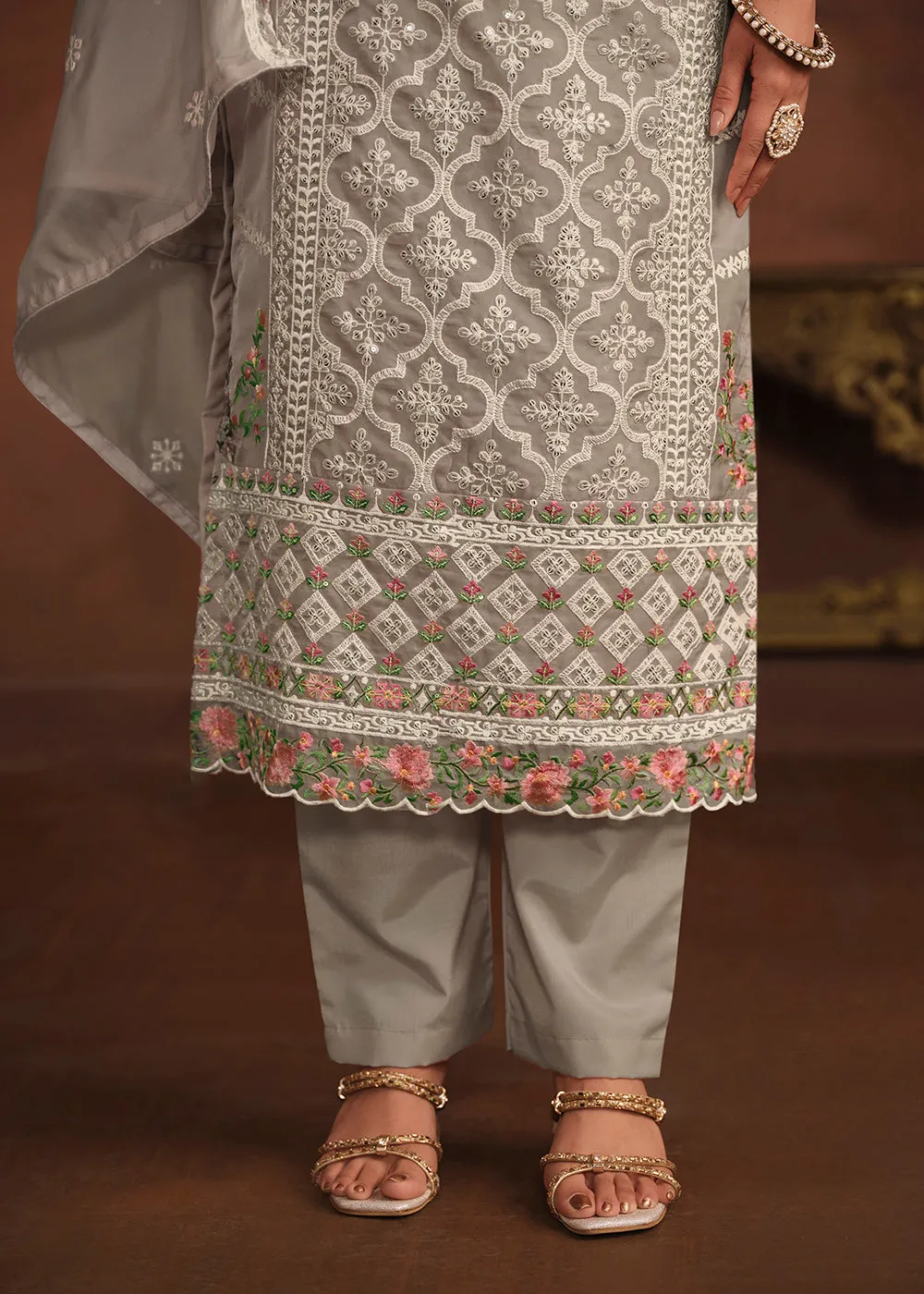 Slate Grey Soft Organza Embroidered Festive Salwar Suit