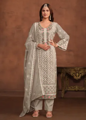 Slate Grey Soft Organza Embroidered Festive Salwar Suit