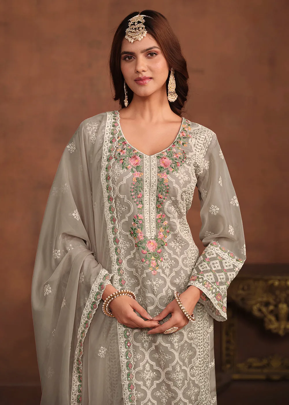 Slate Grey Soft Organza Embroidered Festive Salwar Suit