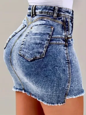 Stylish Women's Bodycon Denim Skirt - Fashionable Fringed Hem, Sexy Fit, Summer Streetwear, Casual Wear, High-Waisted, Mid-Length, Comfortable, Versatile, Perfect for Outdoor Activities