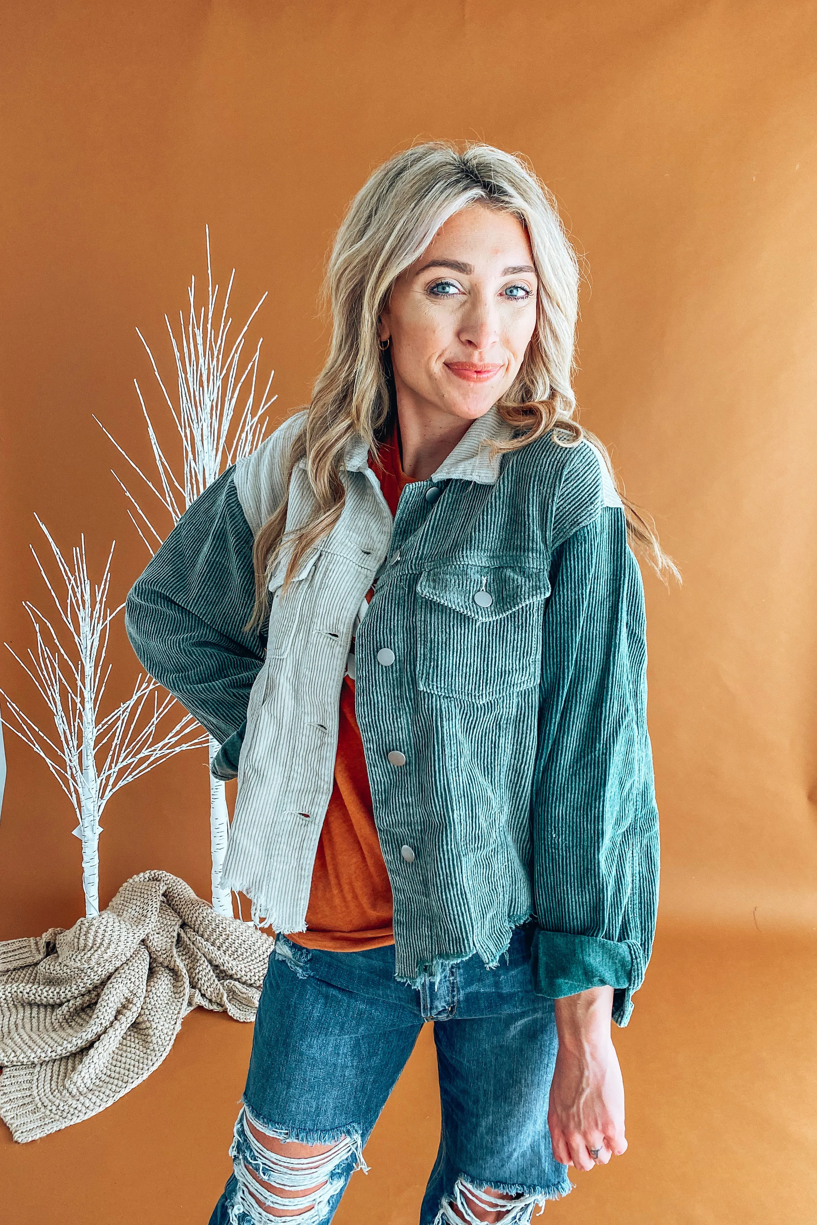 Tatum Sage Color Blocked Corduroy Shacket