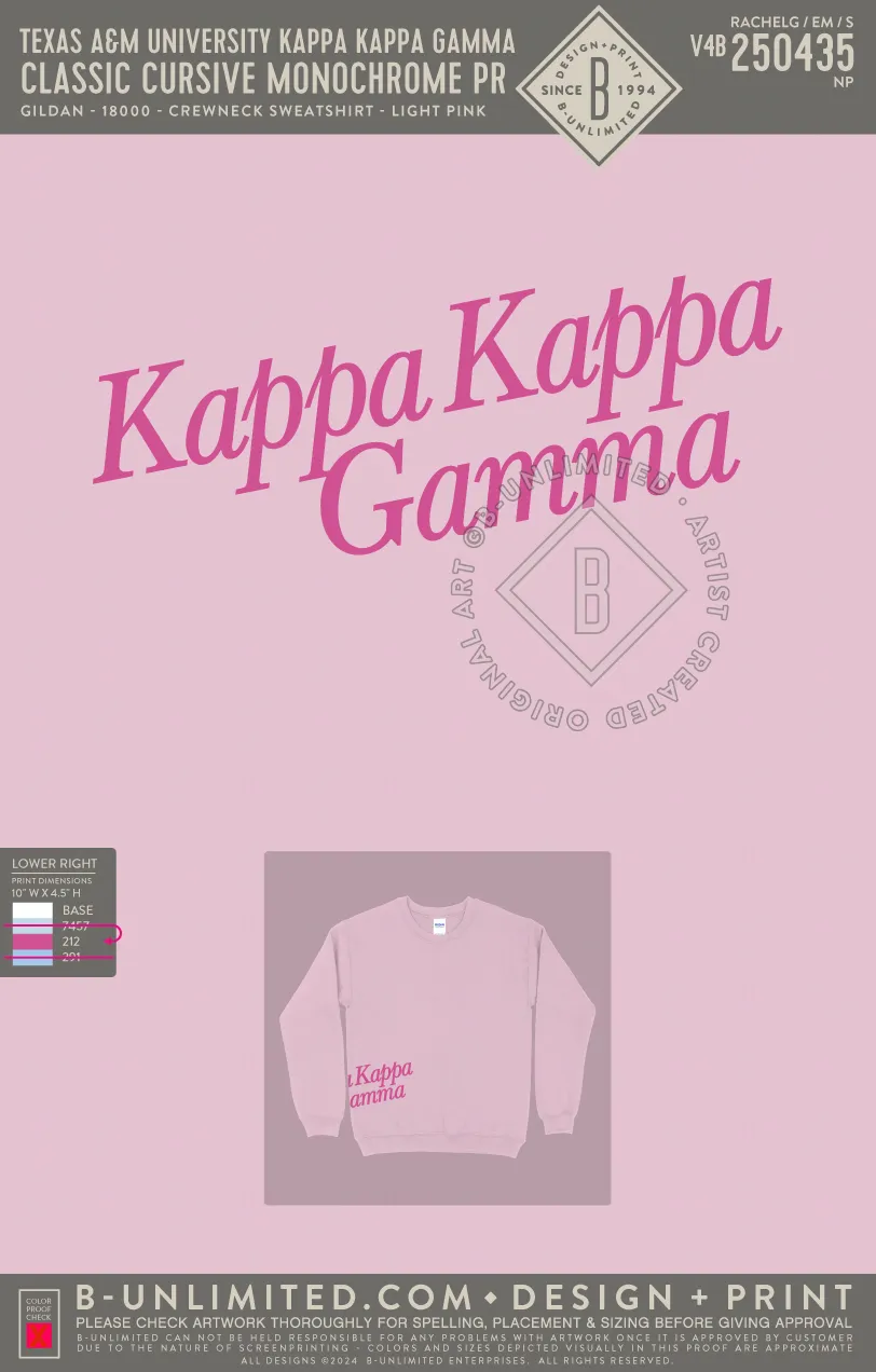 Texas A&M University Kappa Kappa Gamma - Classic Cursive Monochrome PR - Gildan - 18000 - Crewneck Sweatshirt - Light Pink