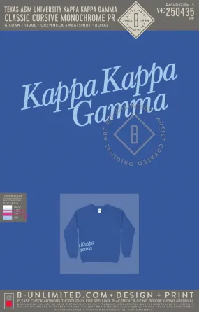 Texas A&M University Kappa Kappa Gamma - Classic Cursive Monochrome PR - Gildan - 18000 - Crewneck Sweatshirt - Royal