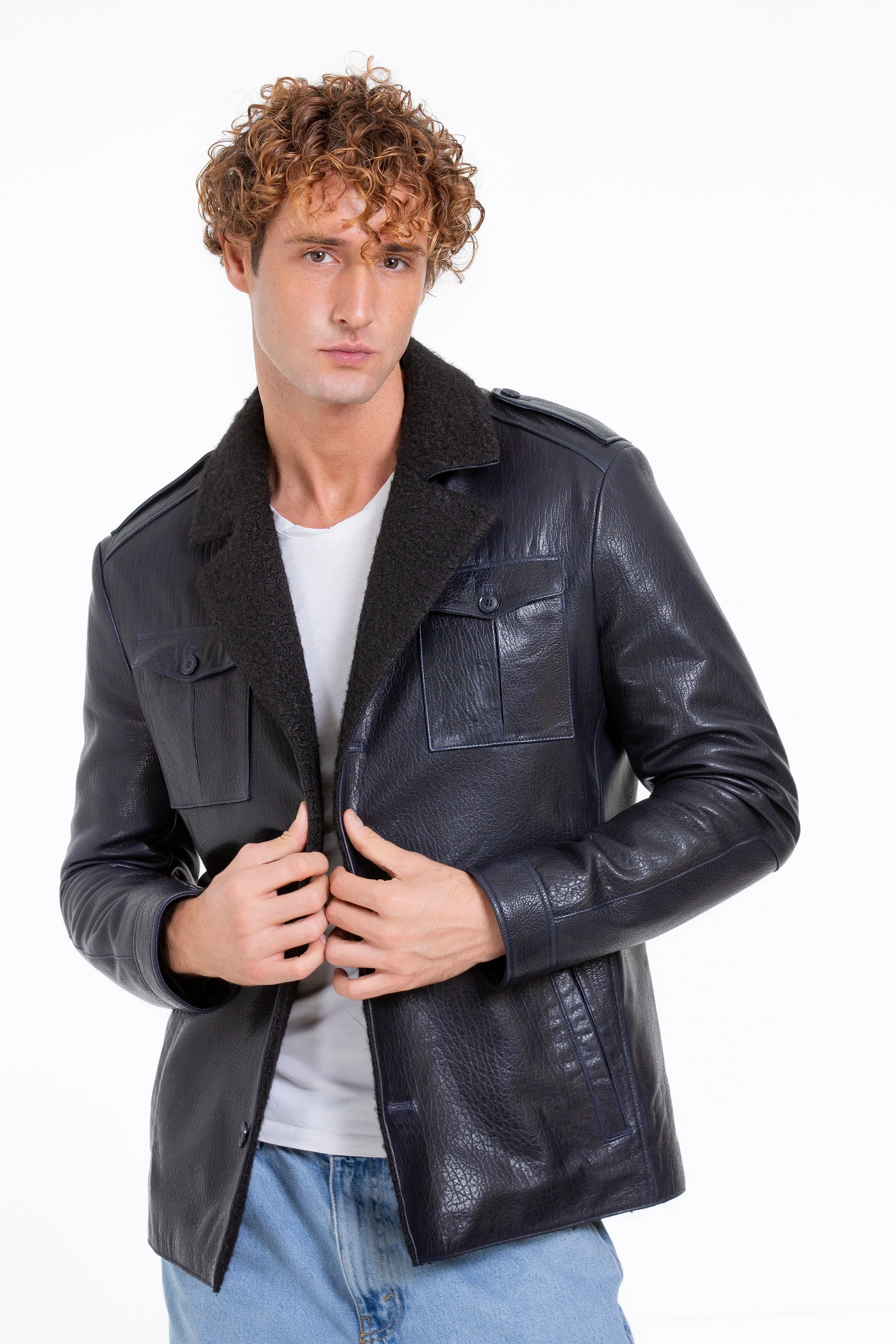 The Ponsonby Navy Blue Leather Shearling Men Jacket