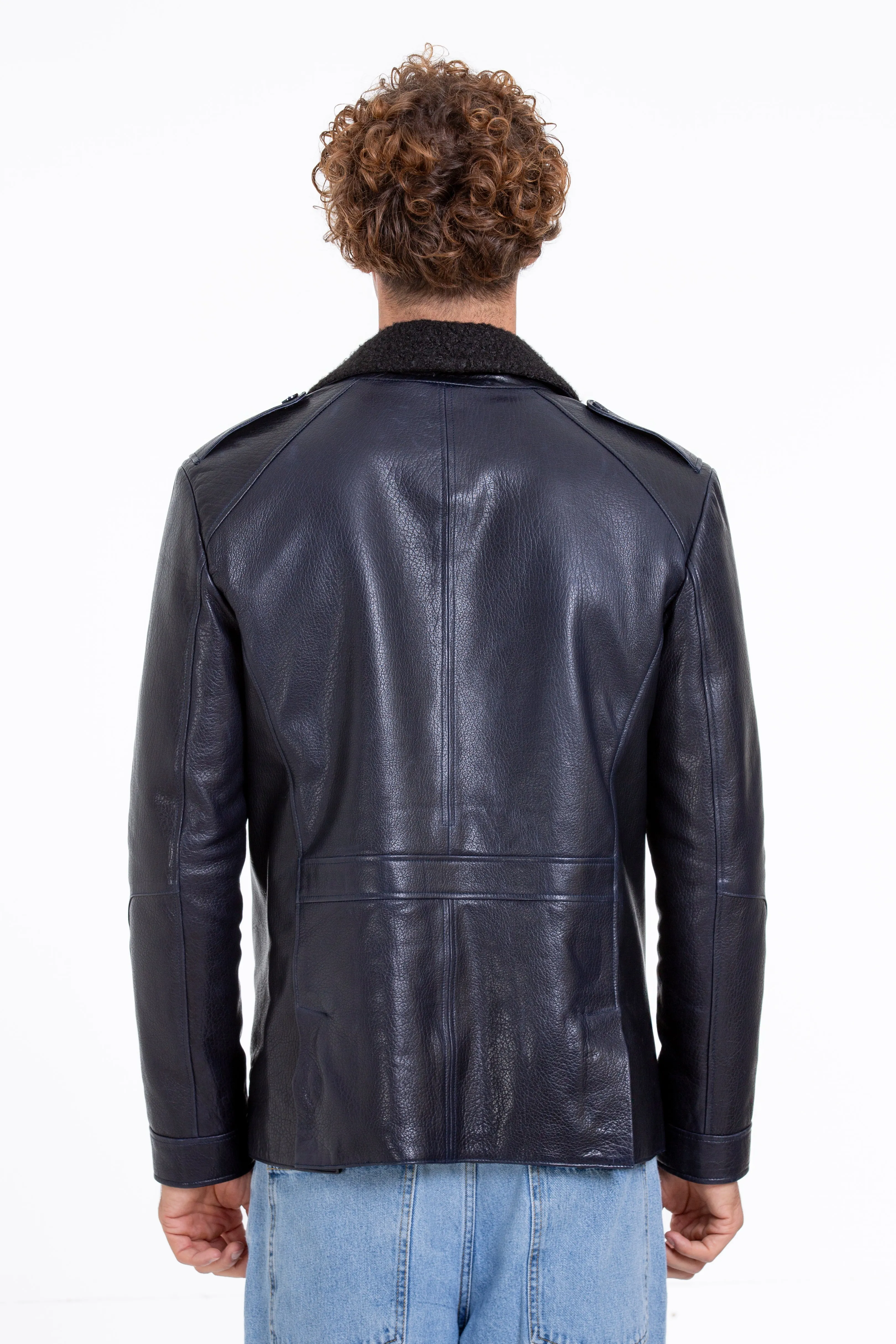 The Ponsonby Navy Blue Leather Shearling Men Jacket