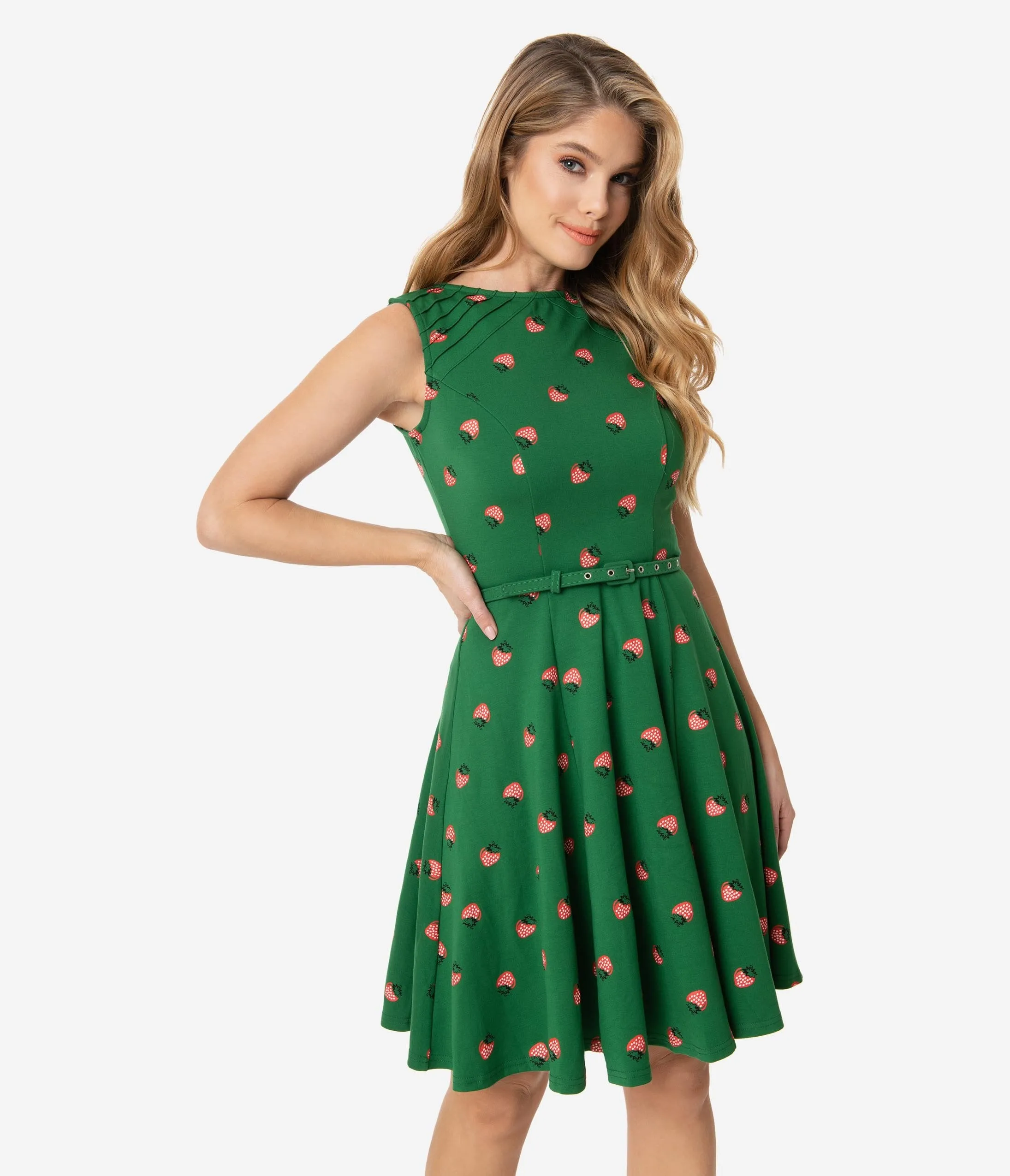 Unique Vintage Green & Strawberry Print Kacey Fit & Flare Dress