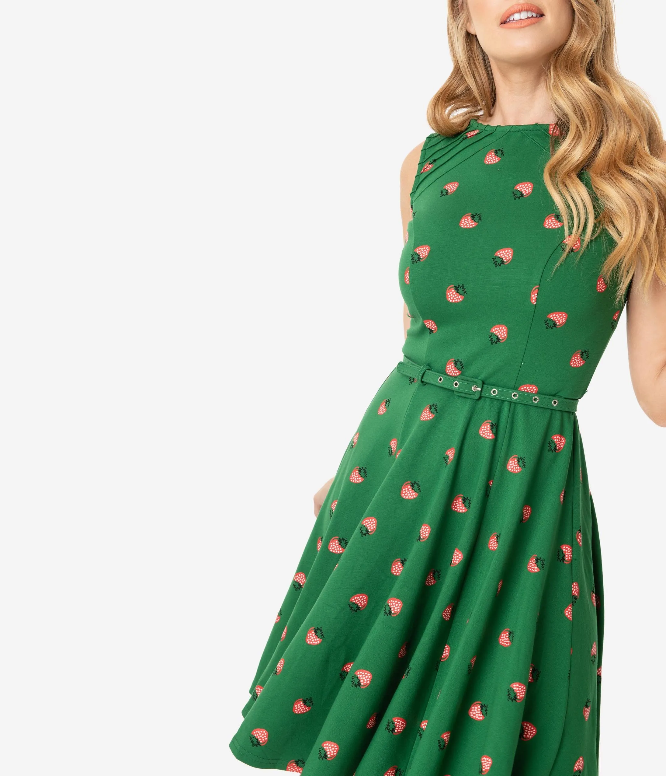 Unique Vintage Green & Strawberry Print Kacey Fit & Flare Dress