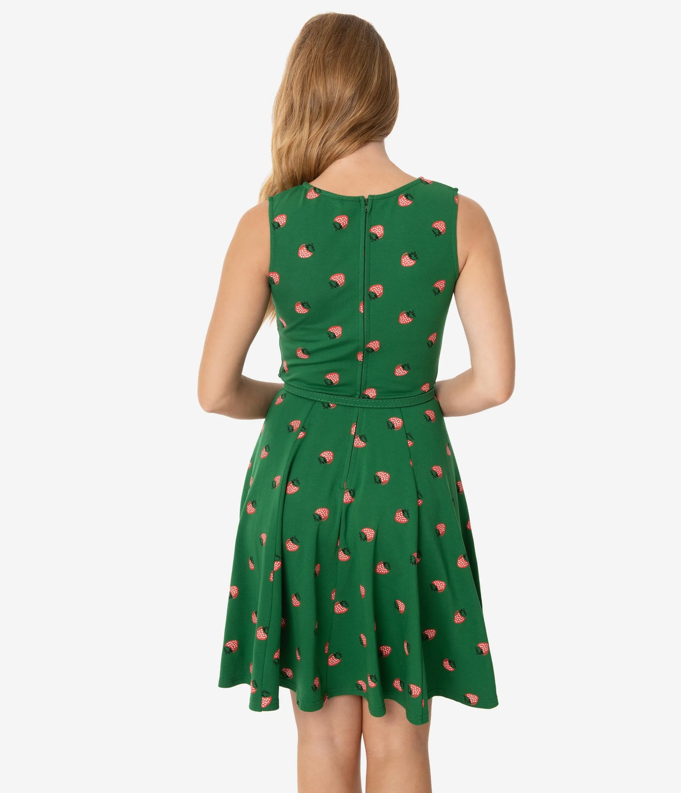 Unique Vintage Green & Strawberry Print Kacey Fit & Flare Dress