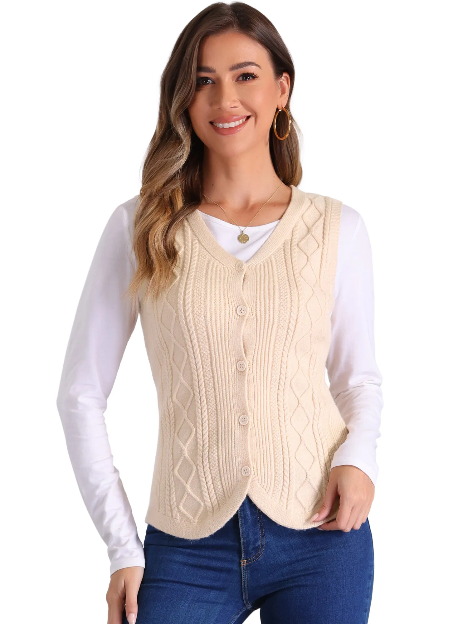 V Neck Sleeveless Button Down Knitted Sweater Vest