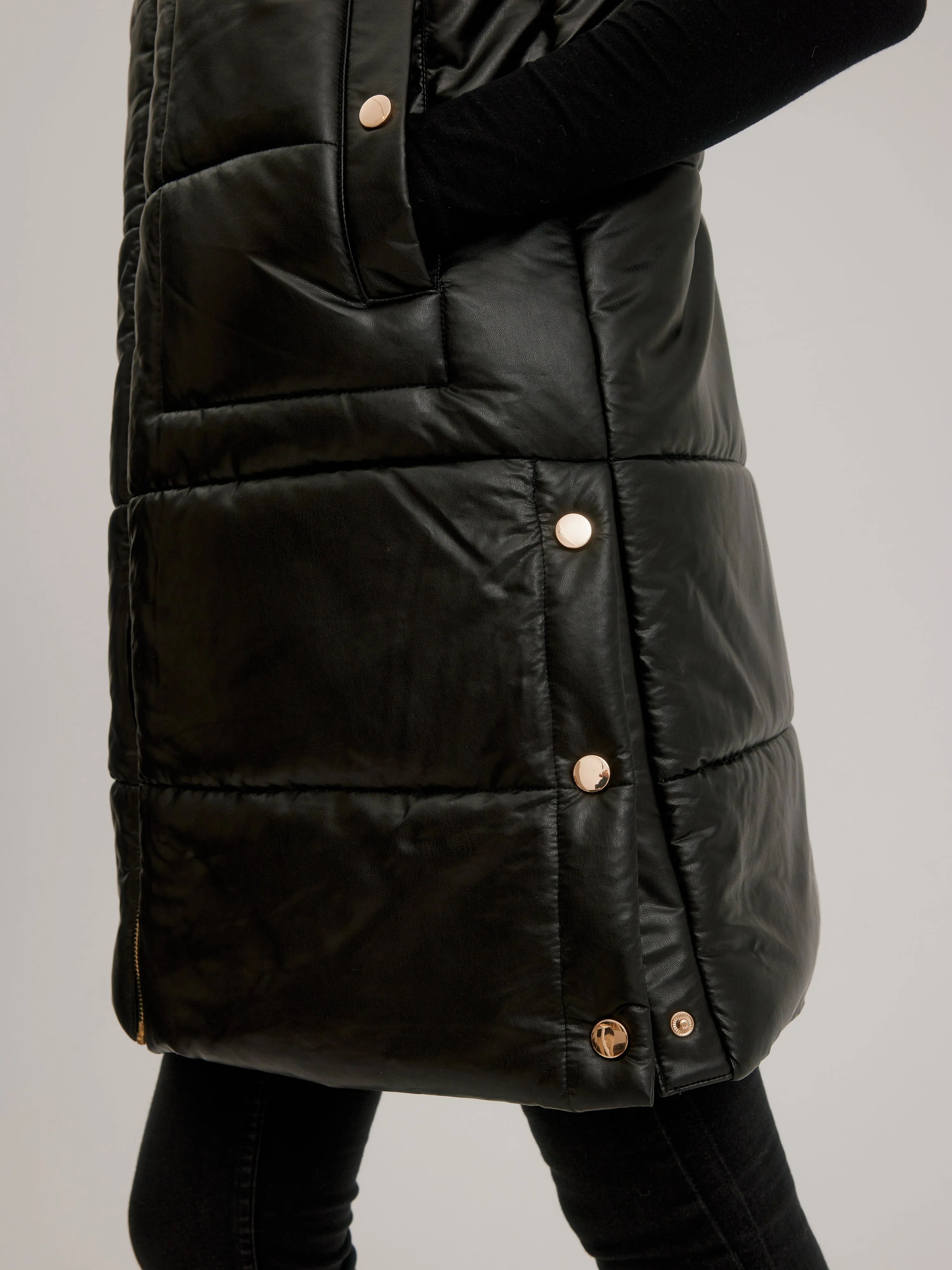 Vegan Leather Quilted Vest W/ Gold Trim & Side Snaps