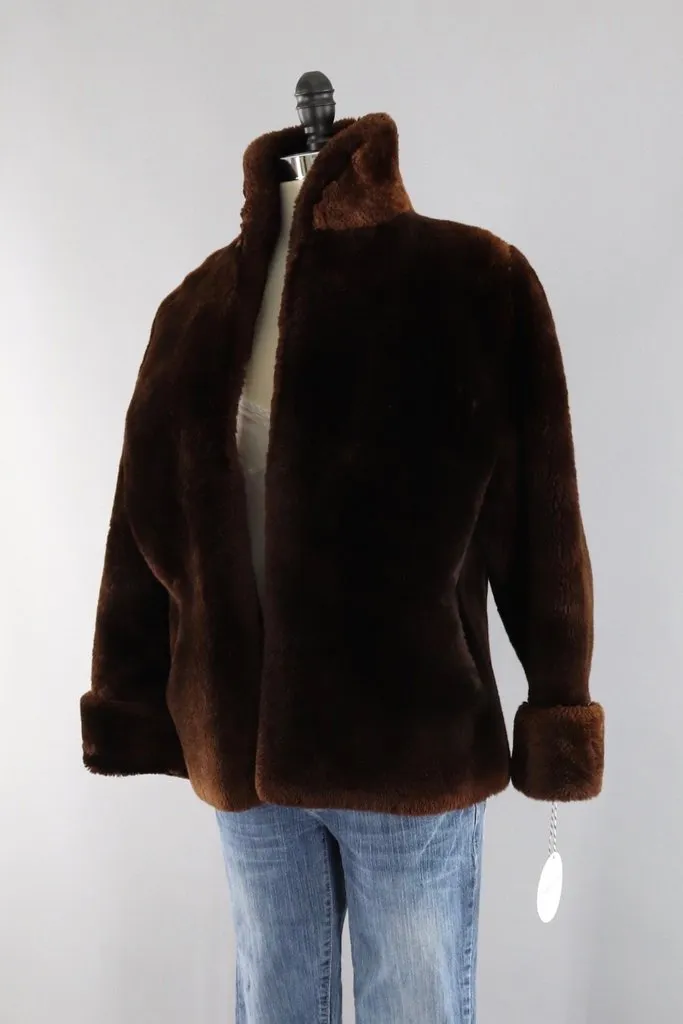 Vintage 1950s Dark Brown Mouton Lamb Sheared Fur Jacket