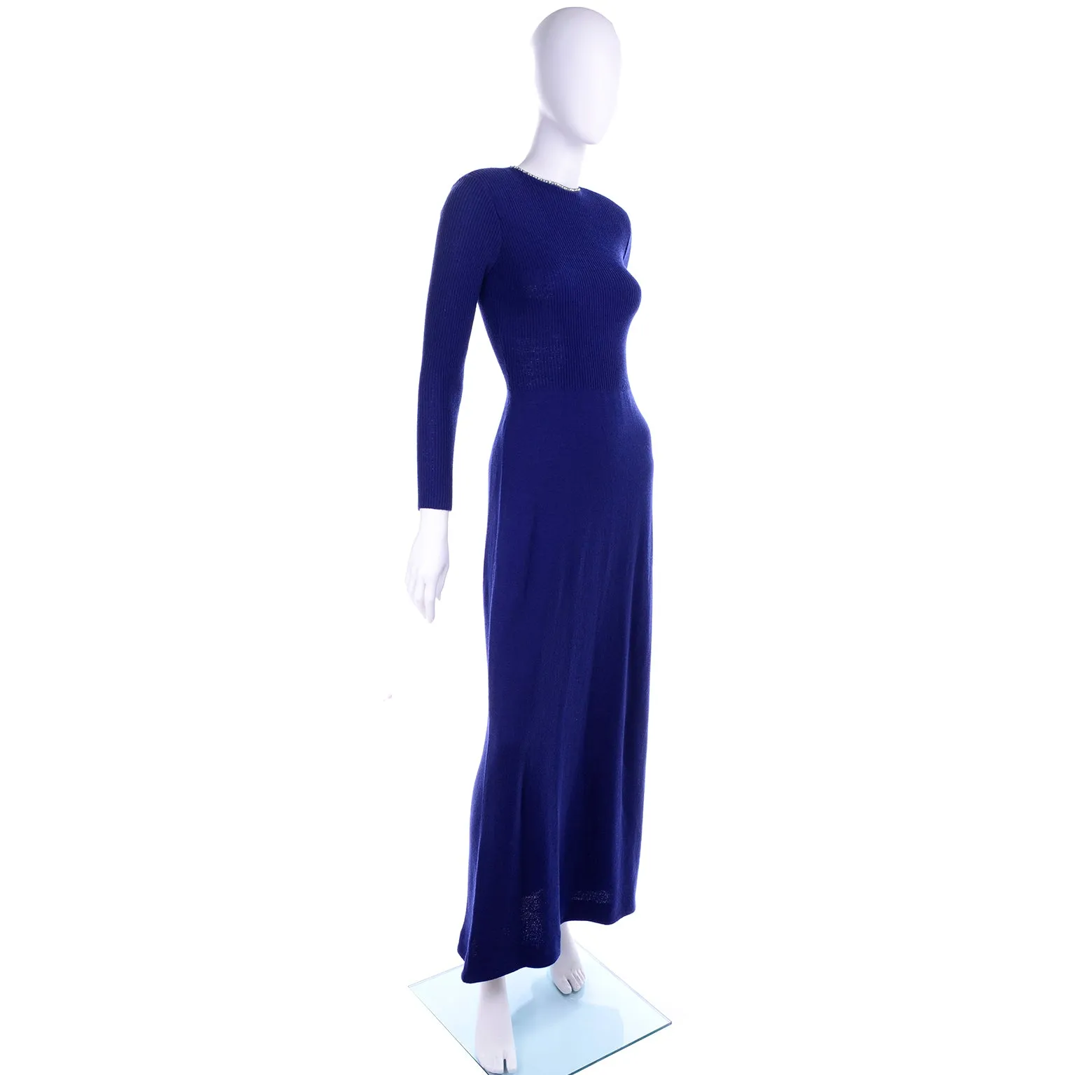 Vintage 1970s Blue Knit Evening Dress W Open Back & Rhinestones