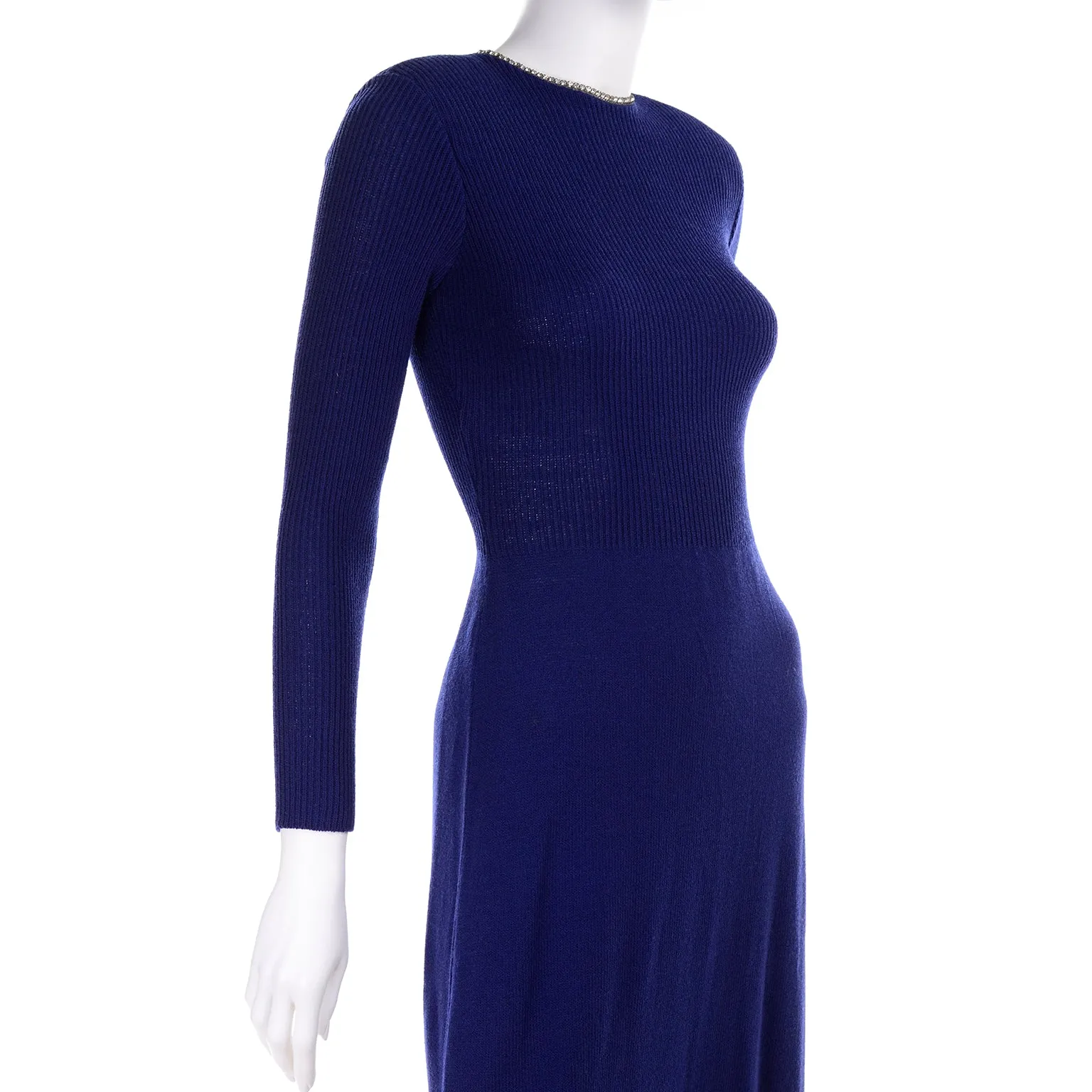 Vintage 1970s Blue Knit Evening Dress W Open Back & Rhinestones