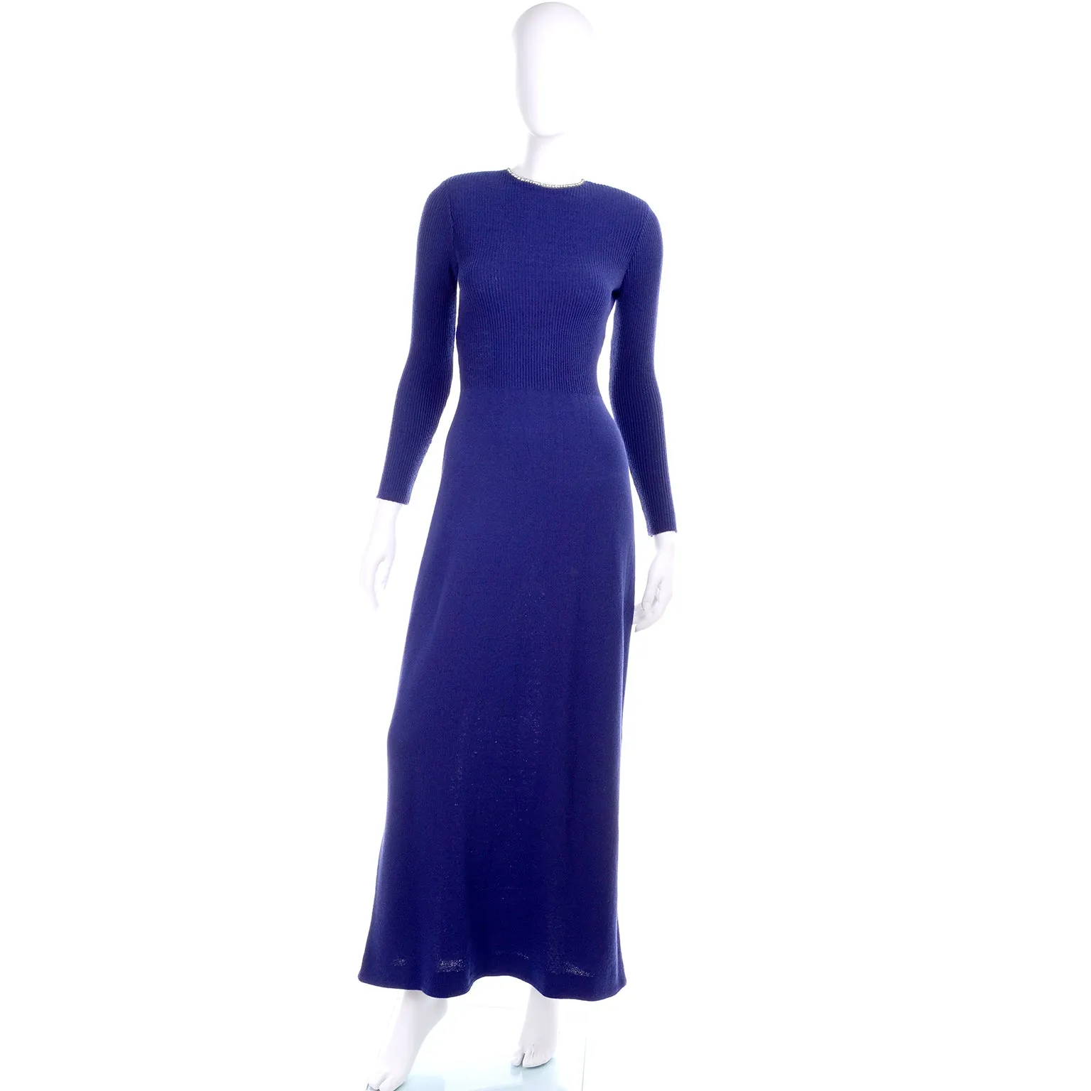 Vintage 1970s Blue Knit Evening Dress W Open Back & Rhinestones