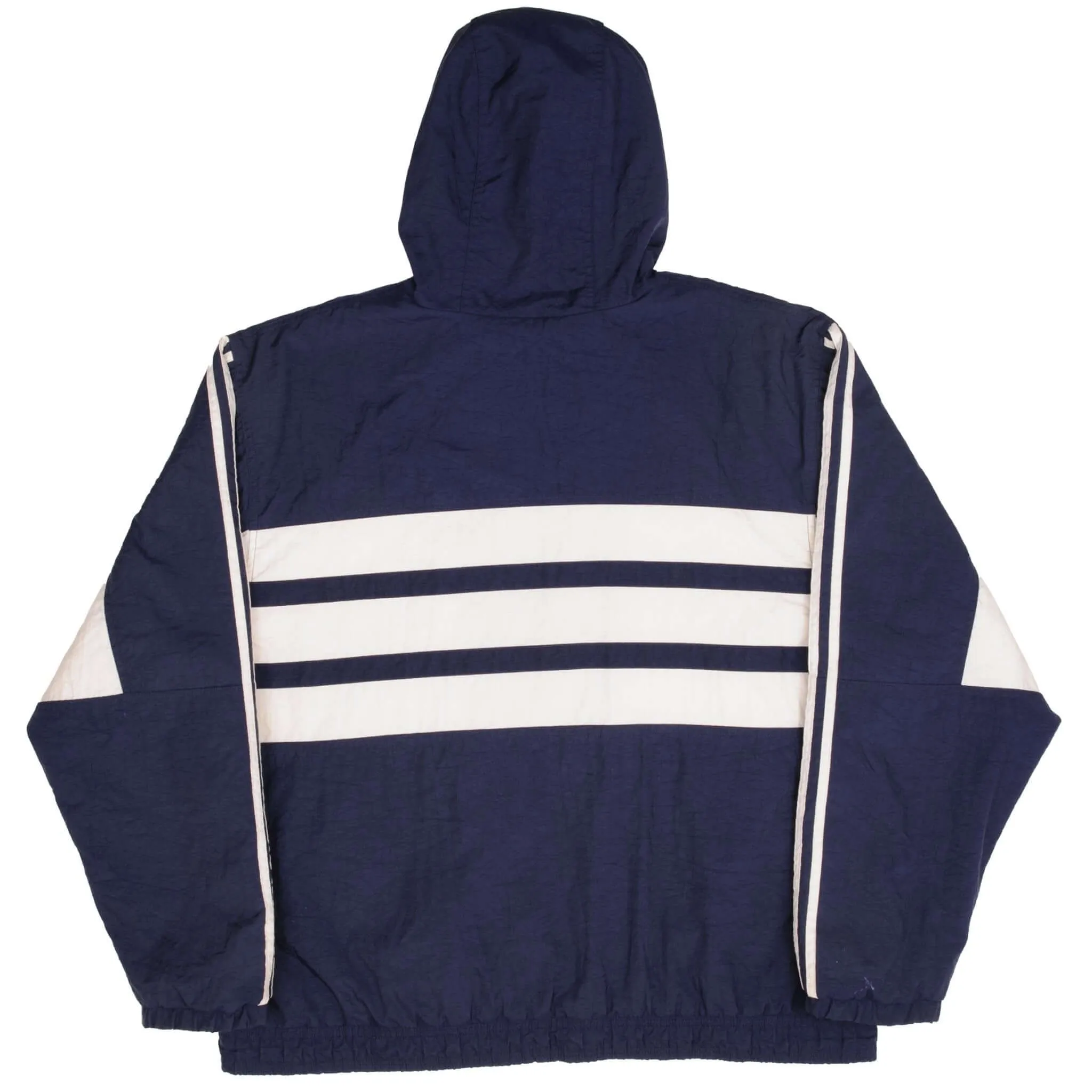 VINTAGE ADIDAS NAVY BLUE NYLON WINDBREAKER HOODED JACKET 1990S SIZE LARGE