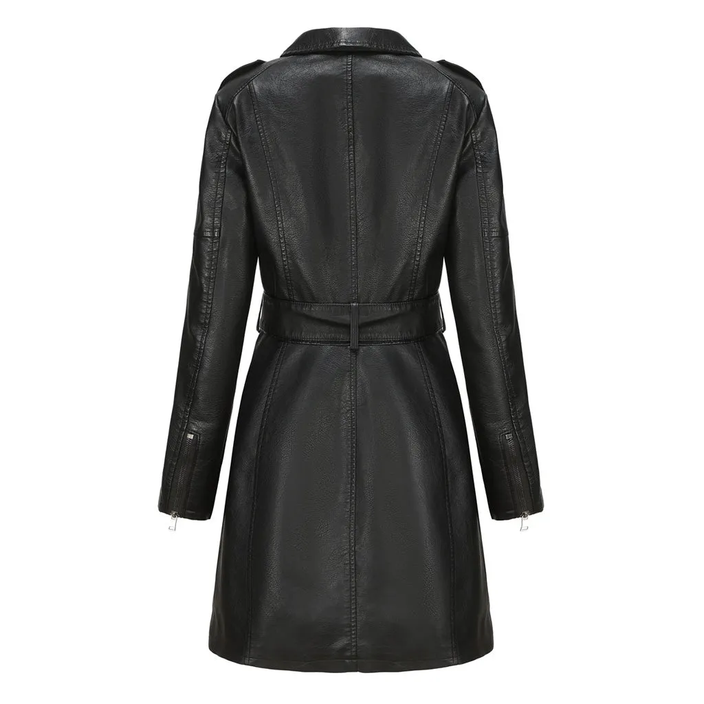 Vintage Collared Epaulette Long Sleeve Zip Up Belted Faux Leather Trench Coat