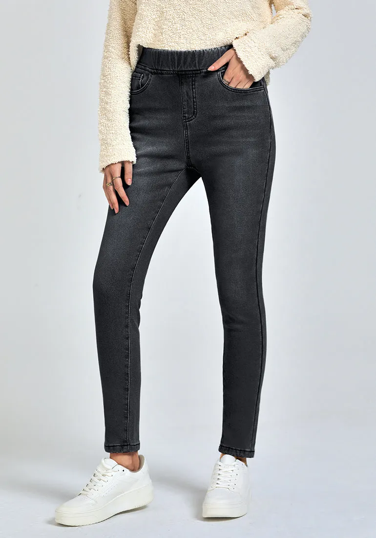 Washed Black Women's High Waisted Fleece Lined Thermal Skinny Denim Pants