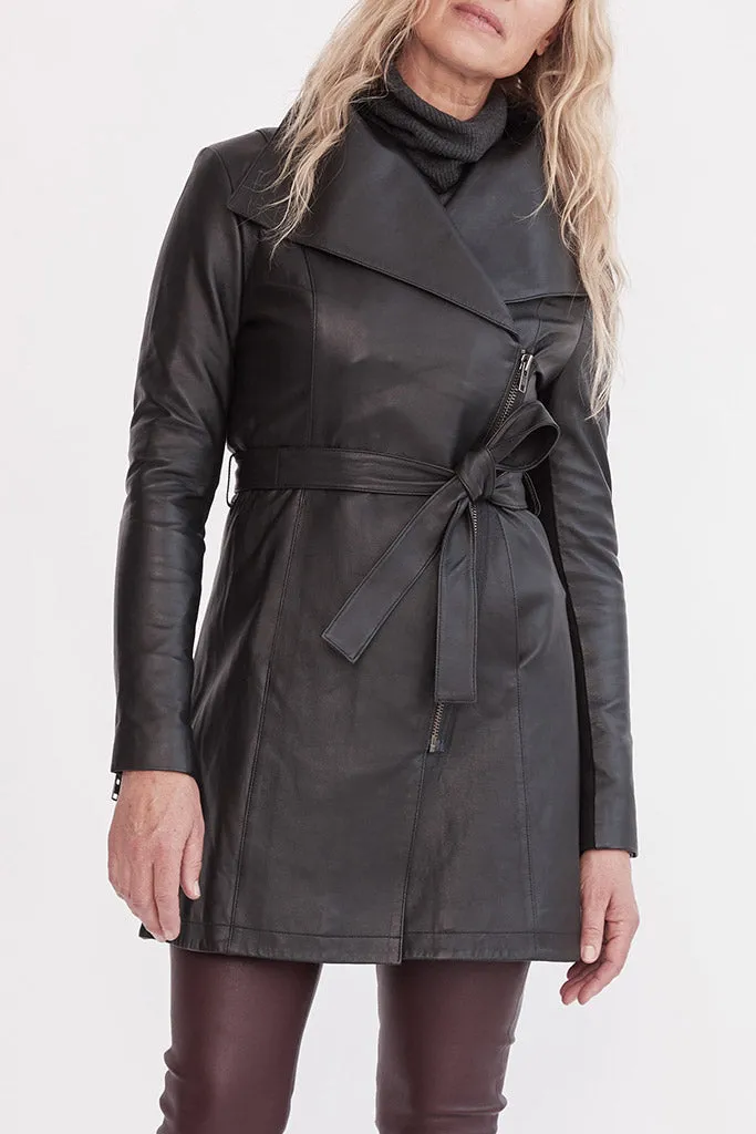 Washington Street Drape Trench Black Leather