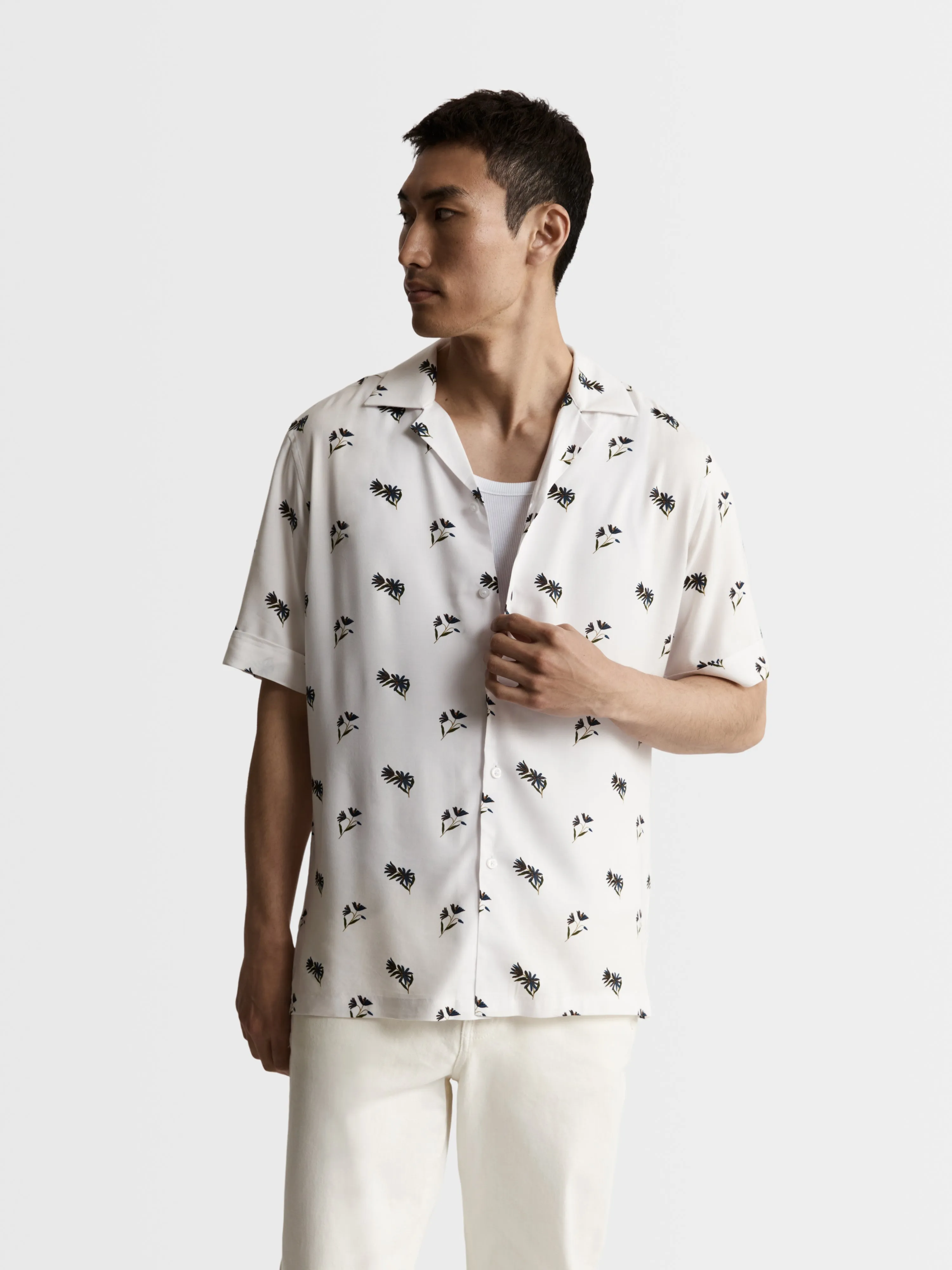 White Printed Regular Fit Revere Collar Casual Shirt