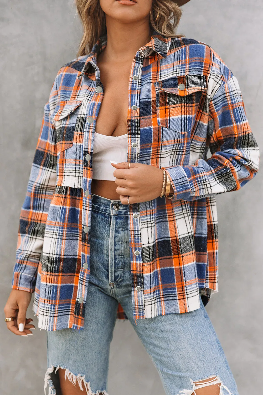 Wholesale Multicolor Plaid Snap Button Casual Raw Hem Shirt Shacket