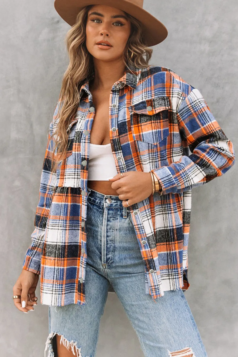 Wholesale Multicolor Plaid Snap Button Casual Raw Hem Shirt Shacket