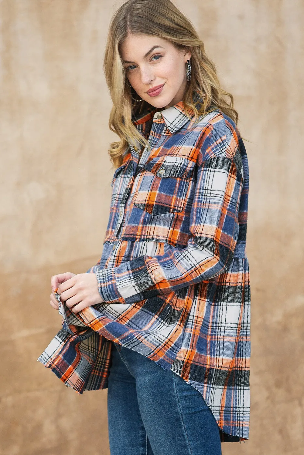 Wholesale Multicolor Plaid Snap Button Casual Raw Hem Shirt Shacket