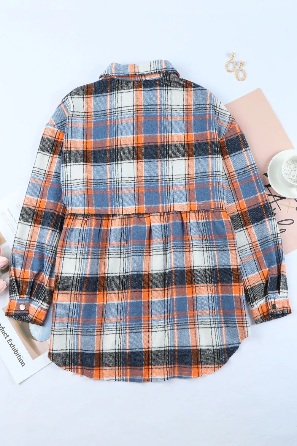 Wholesale Multicolor Plaid Snap Button Casual Raw Hem Shirt Shacket