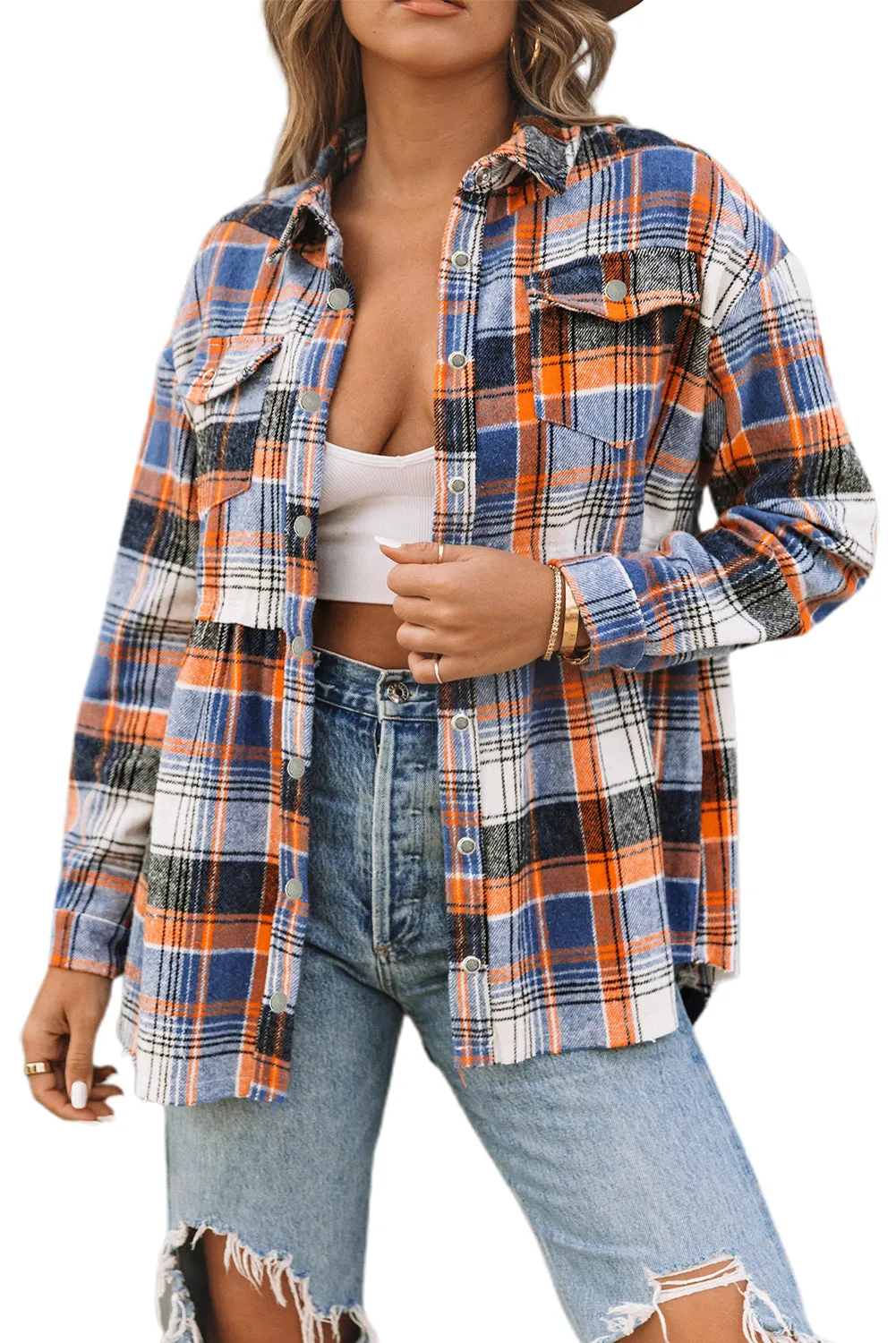 Wholesale Multicolor Plaid Snap Button Casual Raw Hem Shirt Shacket