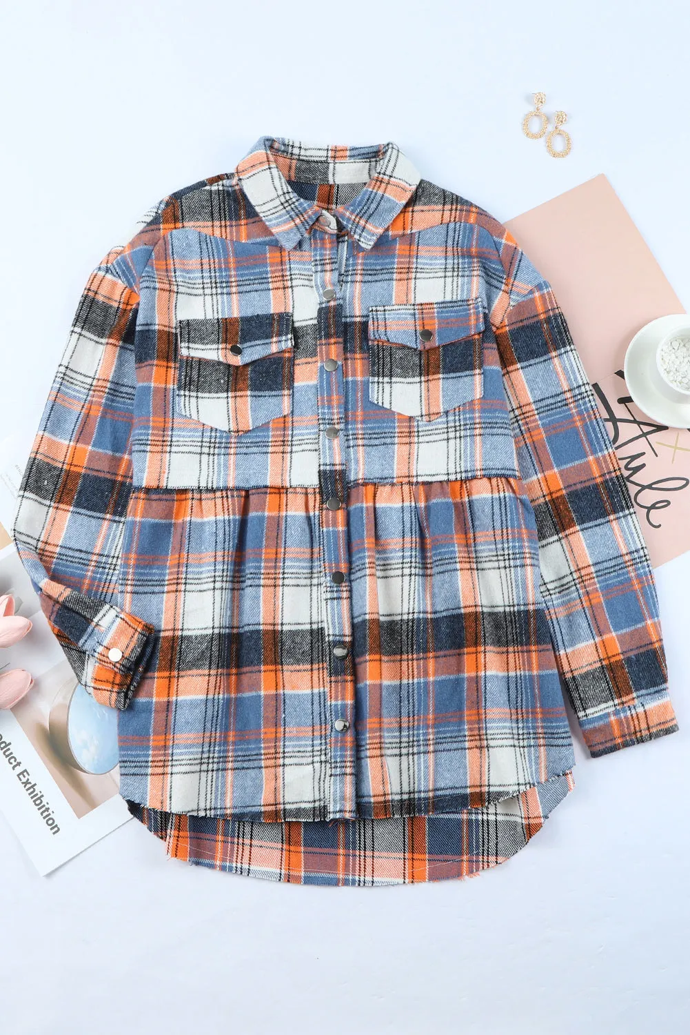 Wholesale Multicolor Plaid Snap Button Casual Raw Hem Shirt Shacket