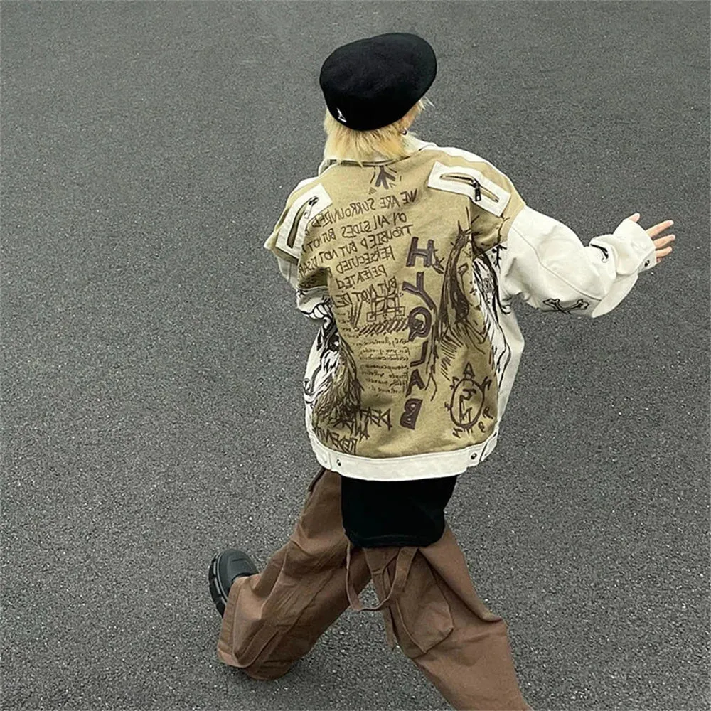 Wiaofellas  -  Japanese vintage couple wear graffiti printed cargo coat men and women Korean bf loose handsome jacket casual jacket