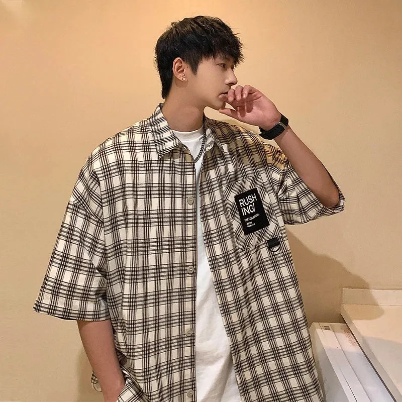 Wiaofellas  -  Men Clothing Fashion Summer Casual Plaid Short Sleeve Shirt Retro Youth Casual All-match Streetwear Tops Mens Shirts Coat