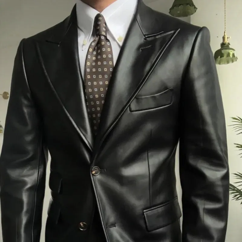 Wiaofellas - Single-breasted Lapel Leather Jacket Leather Blazer Jacket Men Black Leather Coat Casual Korean Chaquetas Hombre Motorrad Blazer