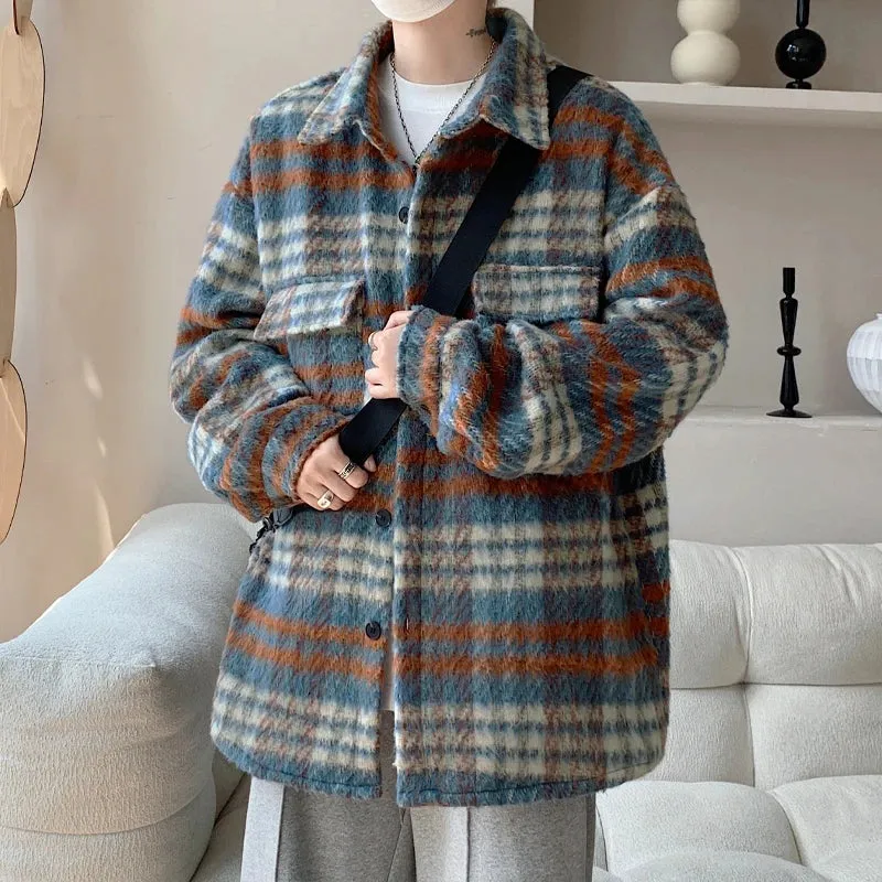 Wiaofellas  -  Winter Woolen Coat Men Warm Retro Plaid Woolen Jacket Men Streetwear Korean Loose Short Woolen Coat Mens Jackets Large Size 5XL