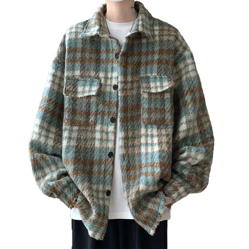 Wiaofellas  -  Winter Woolen Coat Men Warm Retro Plaid Woolen Jacket Men Streetwear Korean Loose Short Woolen Coat Mens Jackets Large Size 5XL