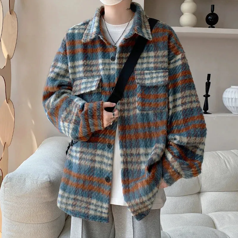 Wiaofellas  -  Winter Woolen Coat Men Warm Retro Plaid Woolen Jacket Men Streetwear Korean Loose Short Woolen Coat Mens Jackets Large Size 5XL