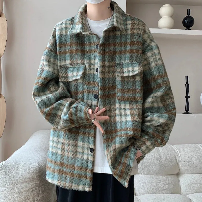 Wiaofellas  -  Winter Woolen Coat Men Warm Retro Plaid Woolen Jacket Men Streetwear Korean Loose Short Woolen Coat Mens Jackets Large Size 5XL